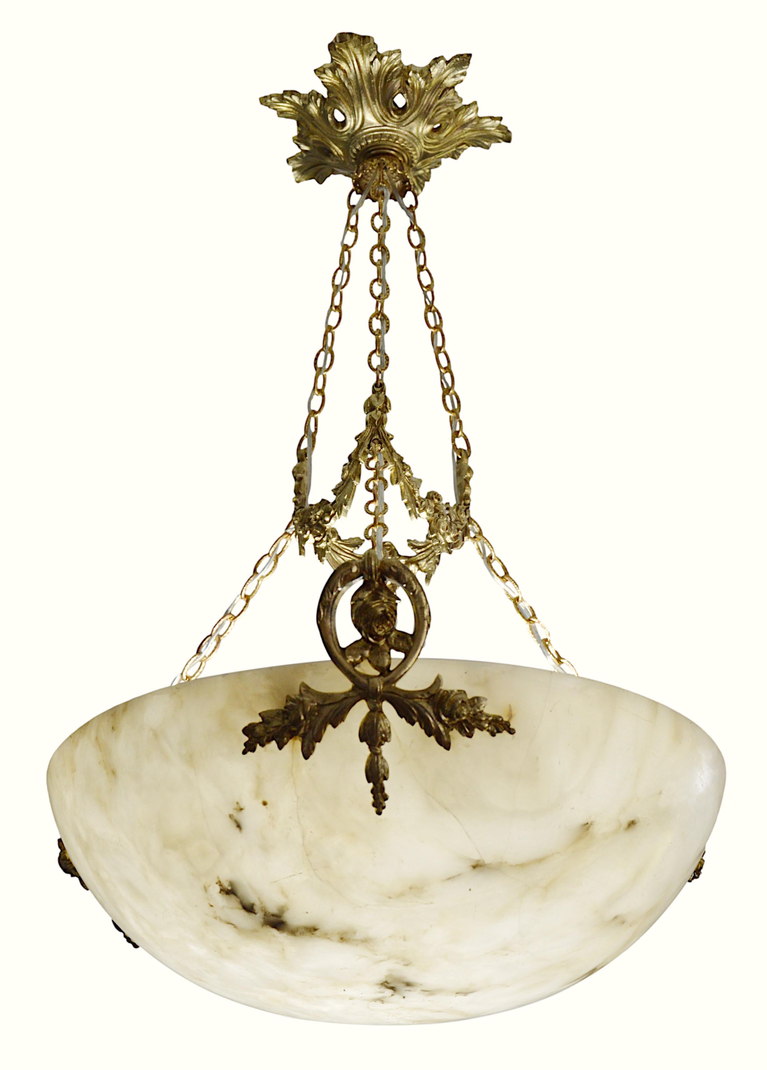 Bronze Art Deco Rare Alabaster Pendant Chandelier, 1910s