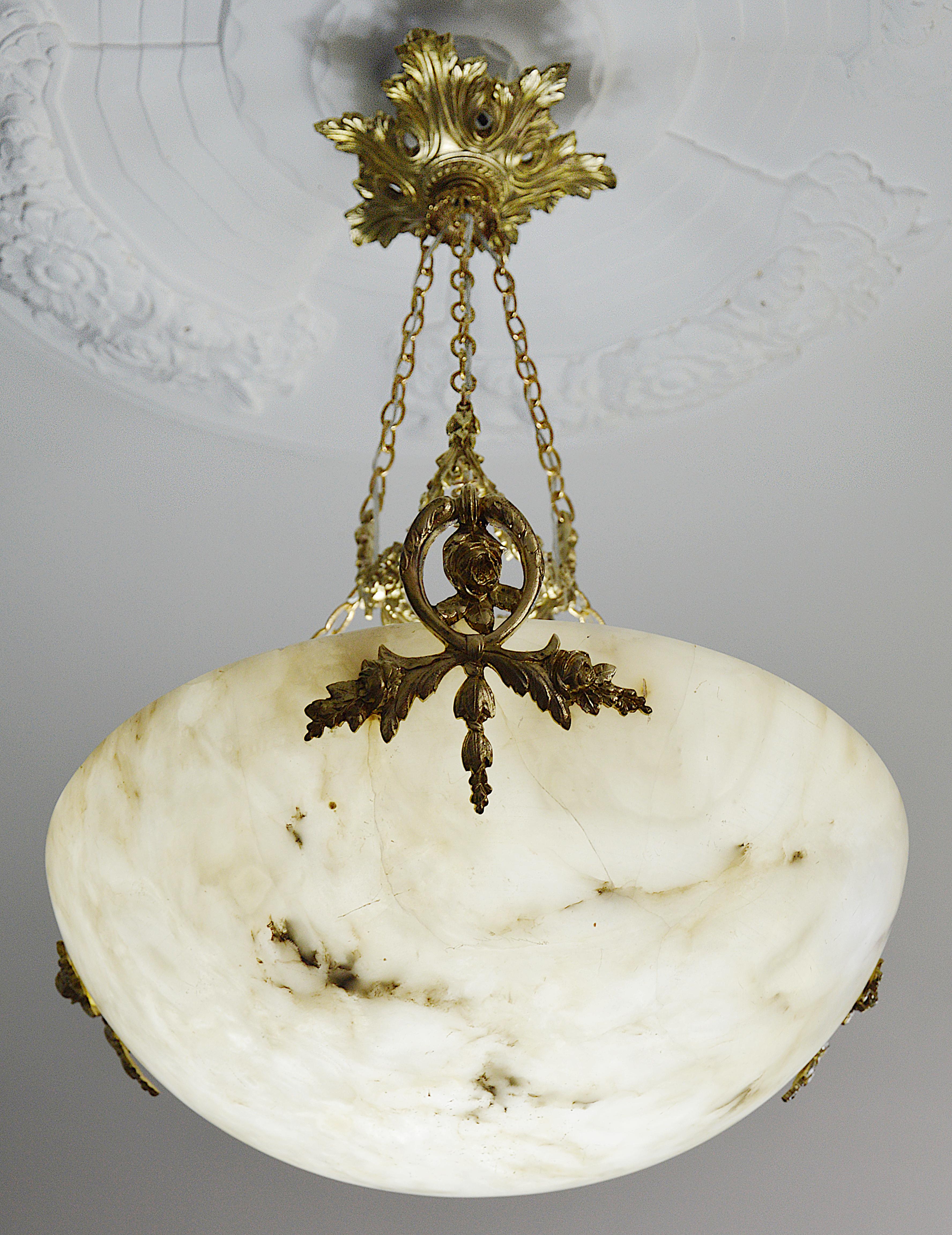 Art Deco Rare Alabaster Pendant Chandelier, 1910s 3