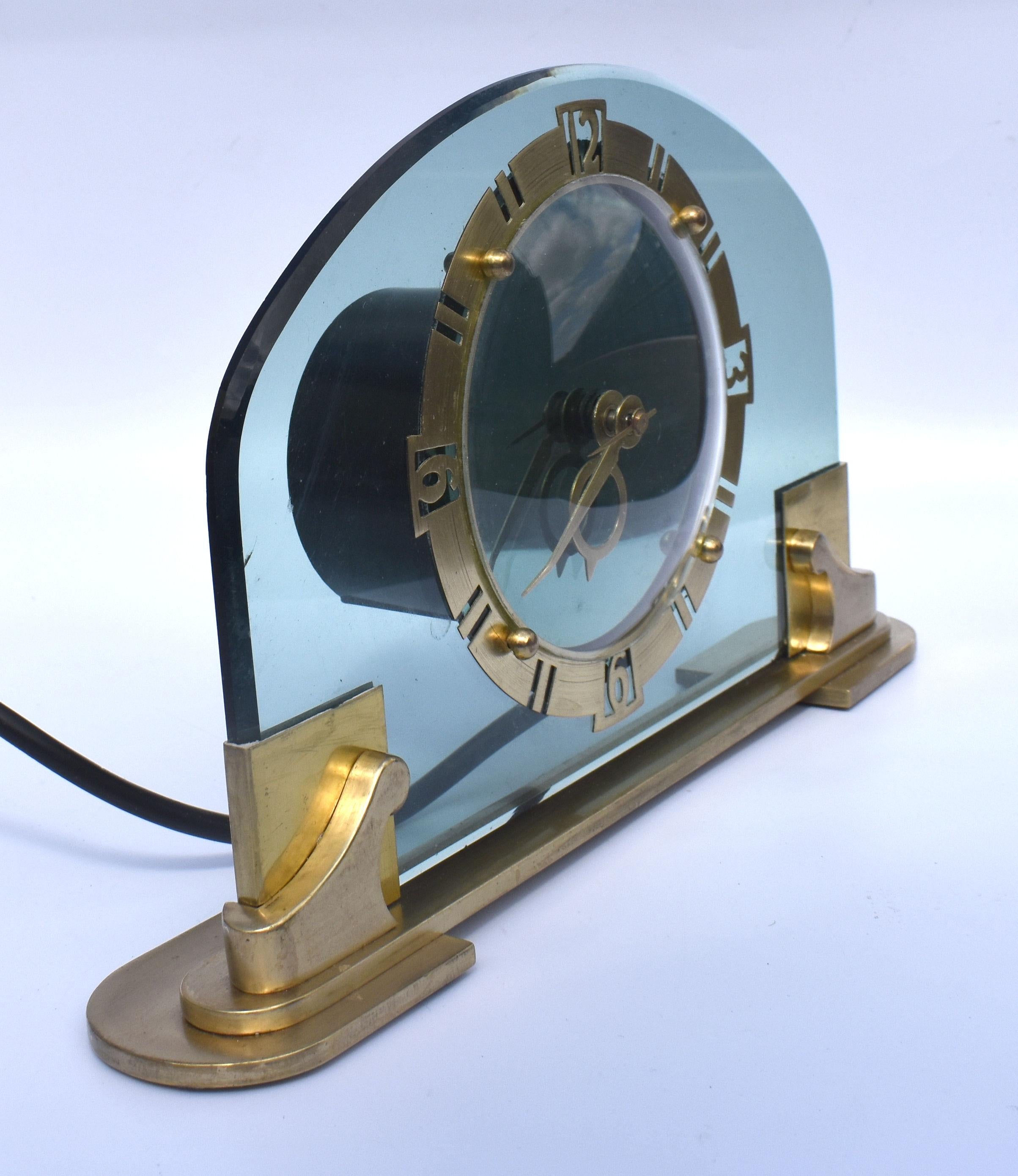 French Art Deco Rare and Stunning Bem Ltd Glass, Brass Electric Mantle Clock, c1930