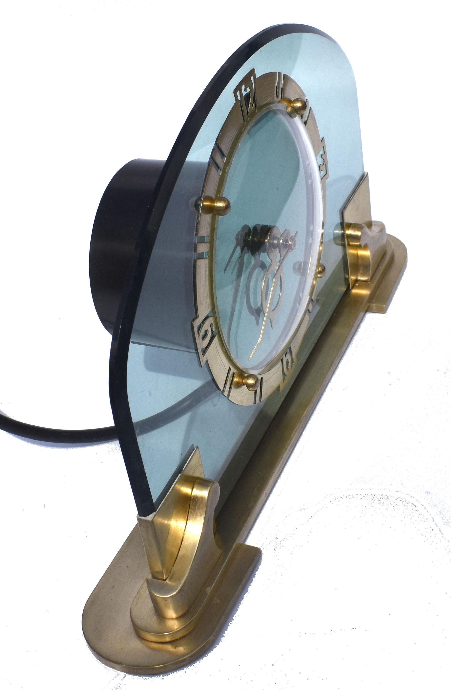 Art Deco Rare and Stunning Bem Ltd Glass, Brass Electric Mantle Clock, c1930 In Good Condition In Devon, England