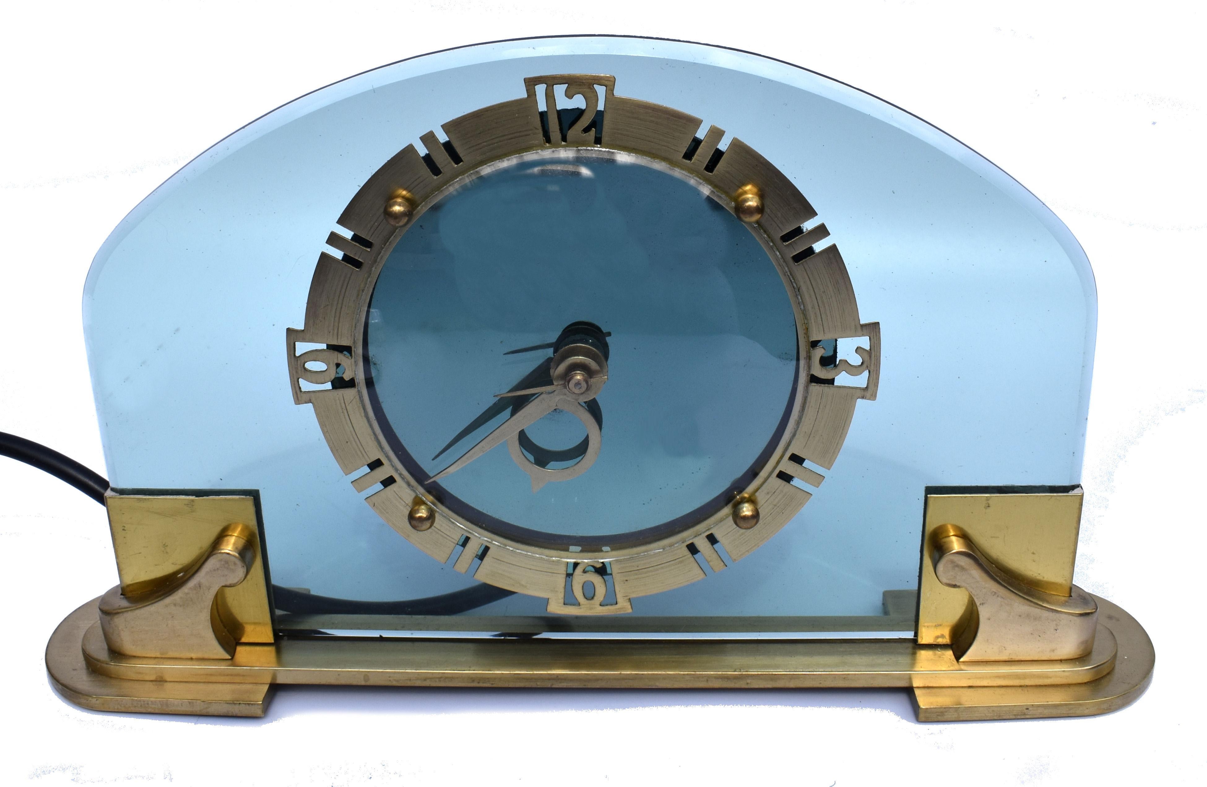Metal Art Deco Rare and Stunning Bem Ltd Glass, Brass Electric Mantle Clock, c1930