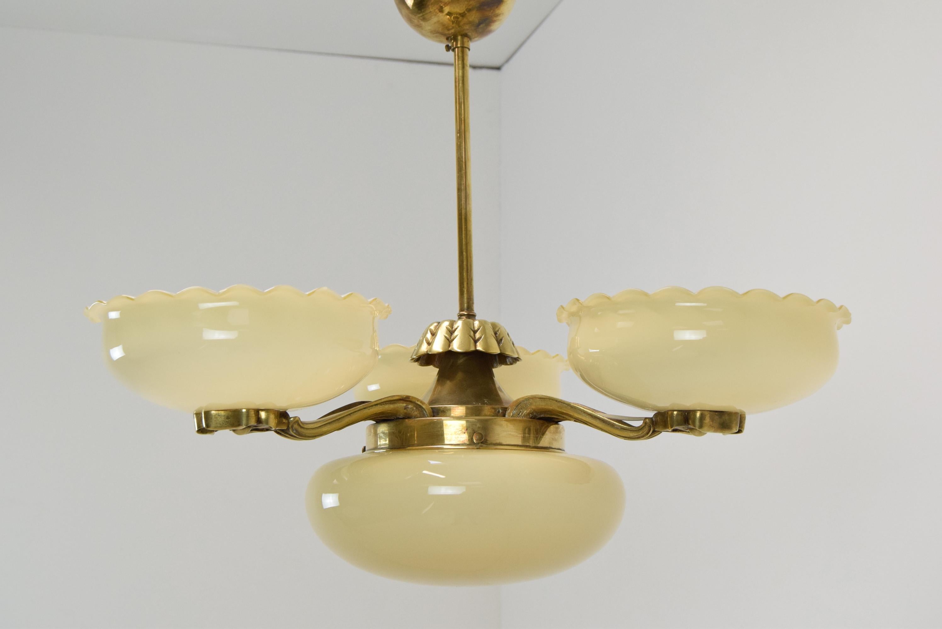 Art Deco Rare Brass Chandelier, 1930's In Good Condition In Praha, CZ