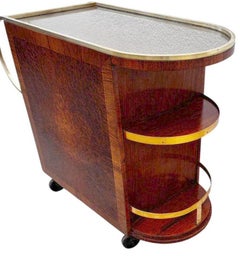 Art Deco Rare Burr Amboyna & Brass Cocktail Bar Cart, French, c1930
