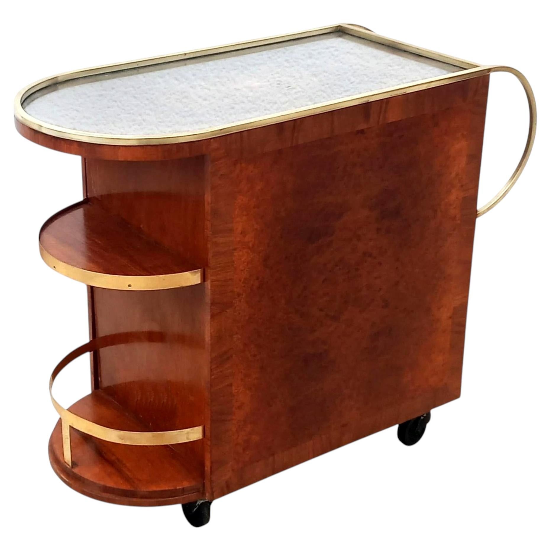 Art Deco Rare Burr Amboyna & Brass Cocktail Bar Cart, French, c1930