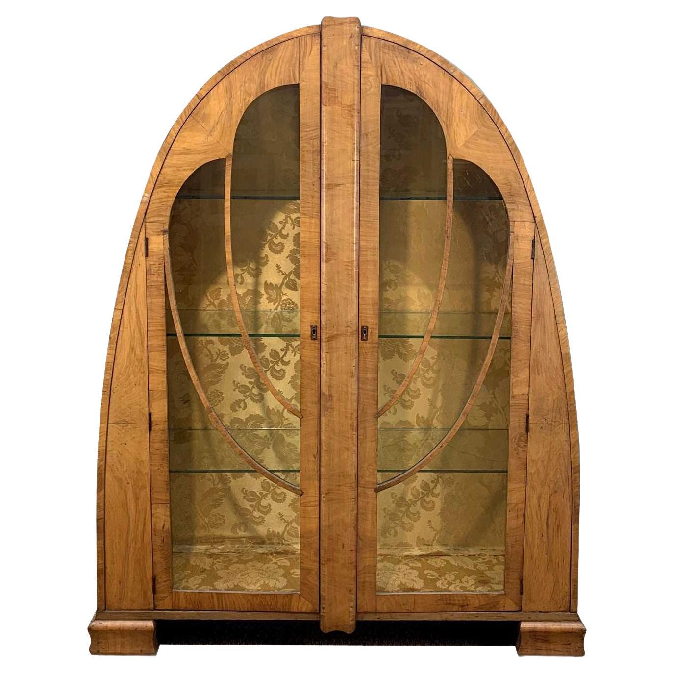 Art Deco Rare Cathedral Display Vitrine Cabinet in Walnut, English, 1930s