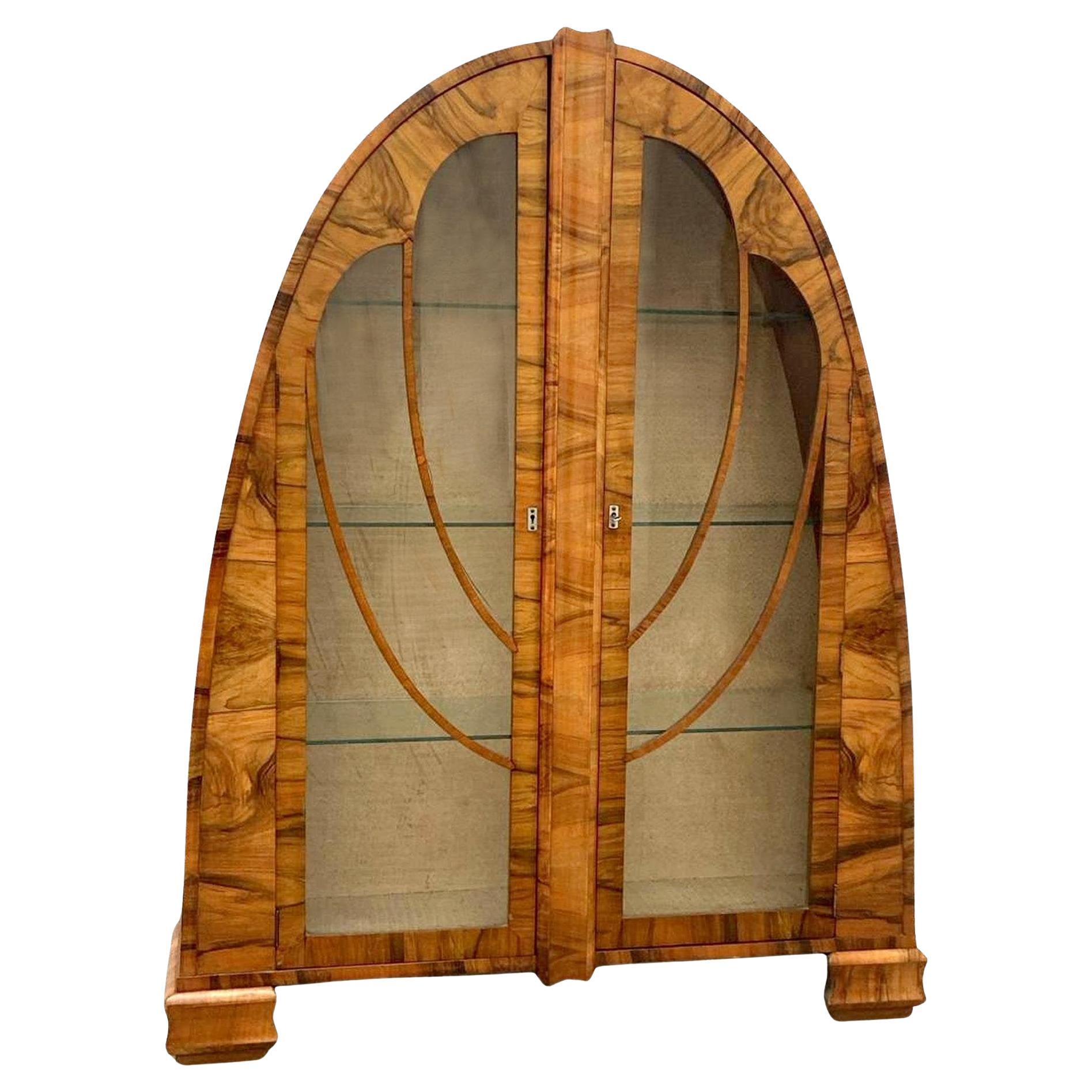 Art Deco Rare Cathedral Display Vitrine Cabinet in Walnut, English, 1930s For Sale