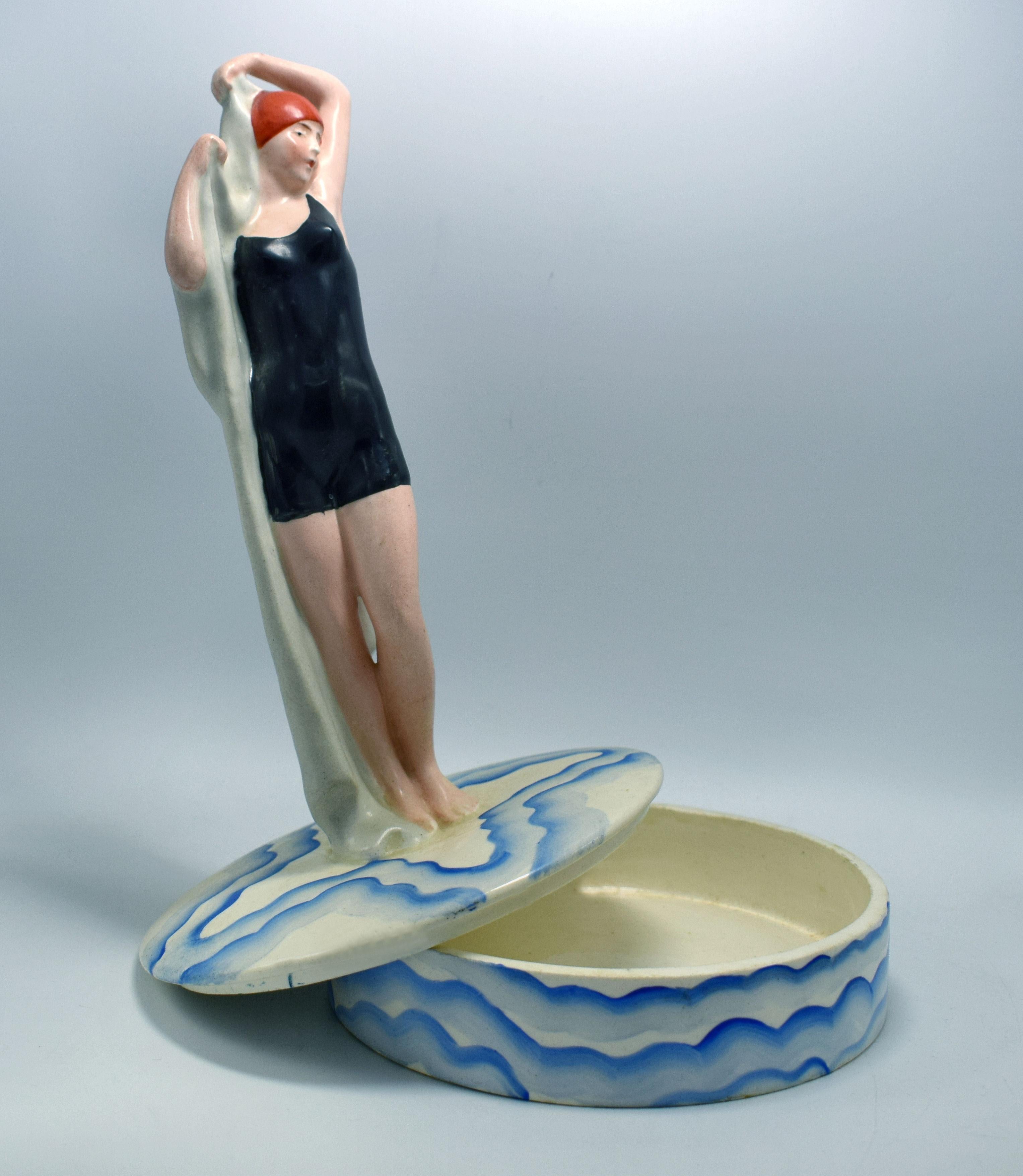 Art Deco Rare Ceramic Bathing Belle Powder/ Trinket Box, circa 1930 4