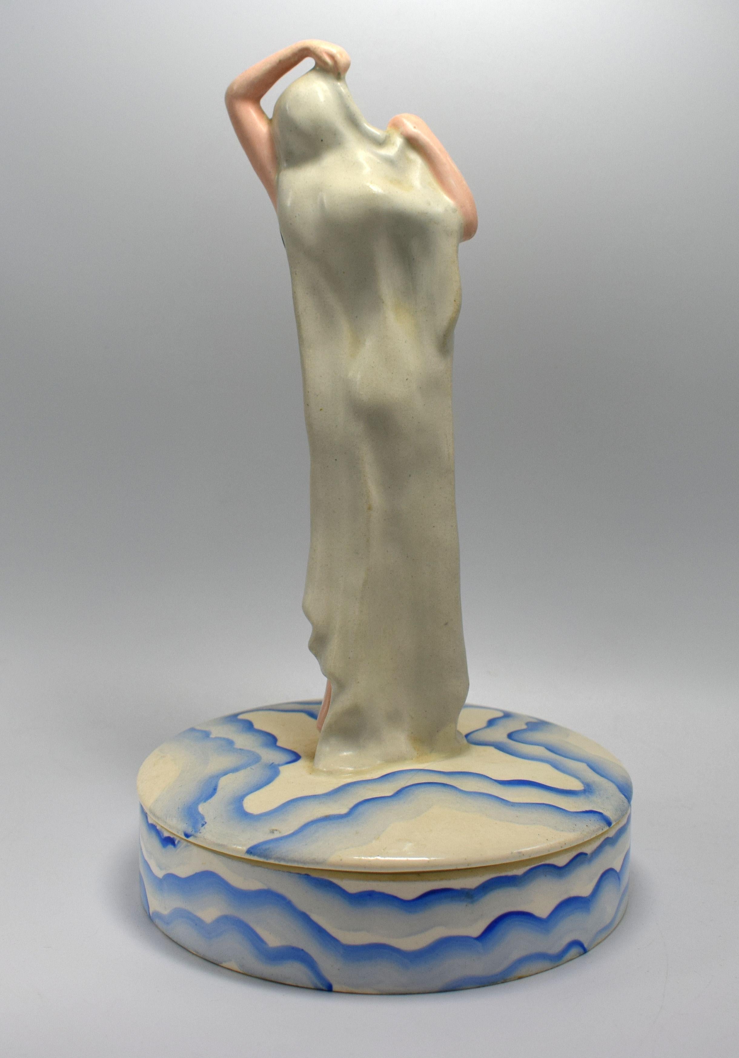 Porcelain Art Deco Rare Ceramic Bathing Belle Powder/ Trinket Box, circa 1930