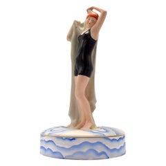 Art Deco Rare Ceramic Bathing Belle Powder/ Trinket Box, circa 1930