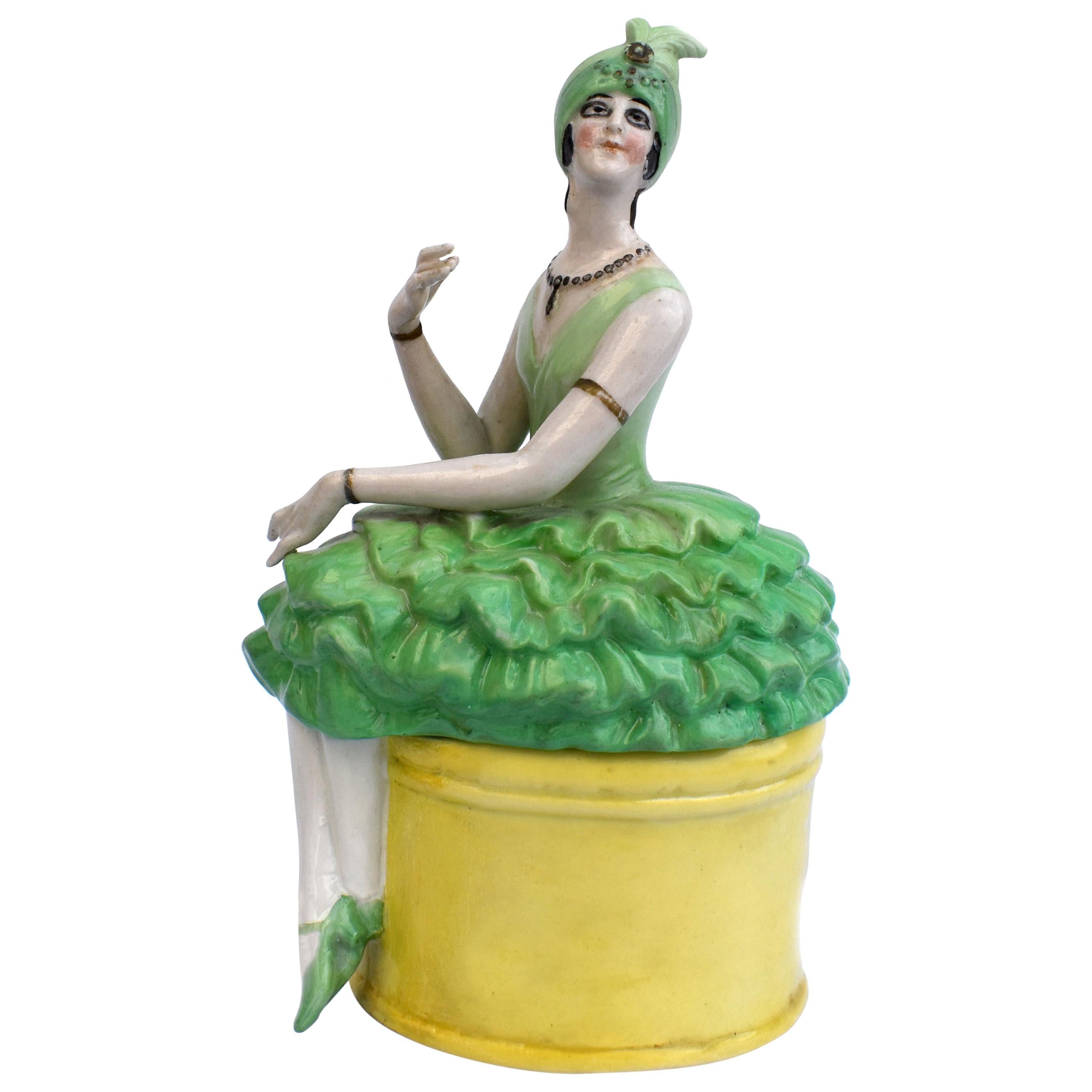 Art Deco Rare Ceramic Flapper Powder Box, c 1930