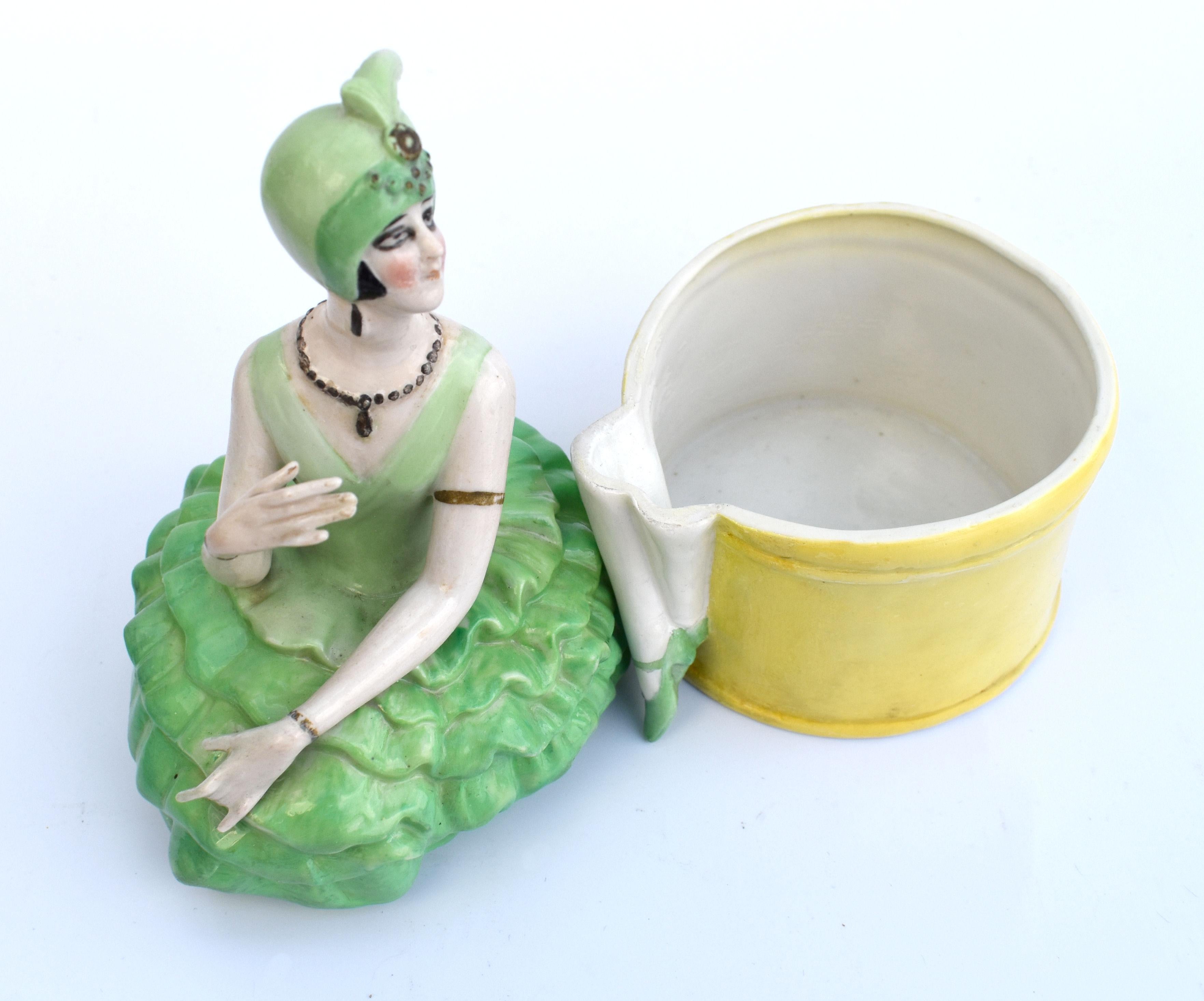 Art Deco Rare Ceramic Flapper Powder Box, c 1930 In Good Condition In Devon, England