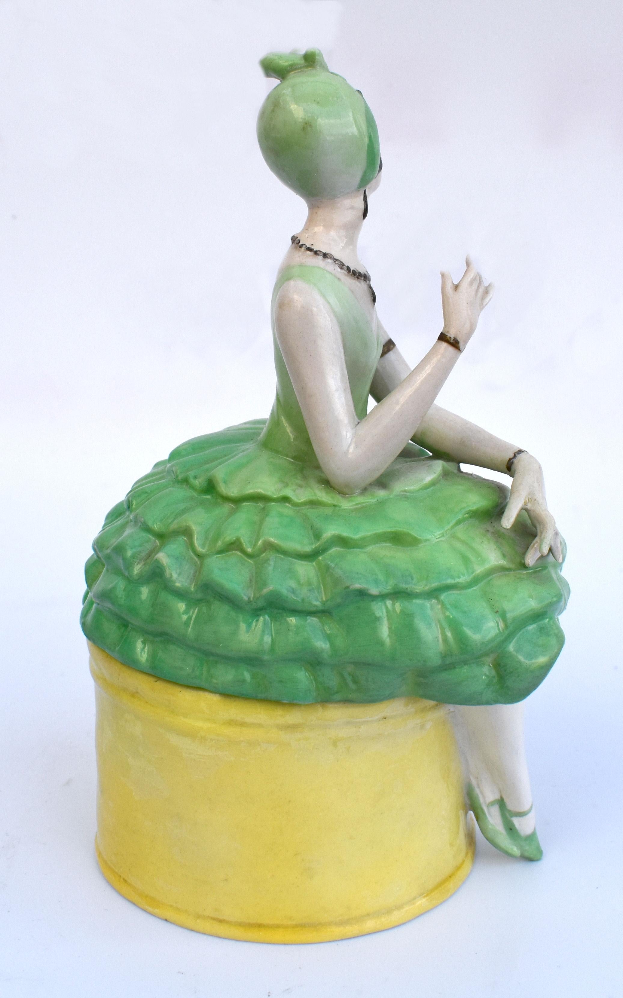 Art Deco Rare Ceramic Flapper Powder Box, c 1930 4