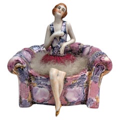 Art Deco Rare Ceramic Flapper Powder Puff Stand, C1930