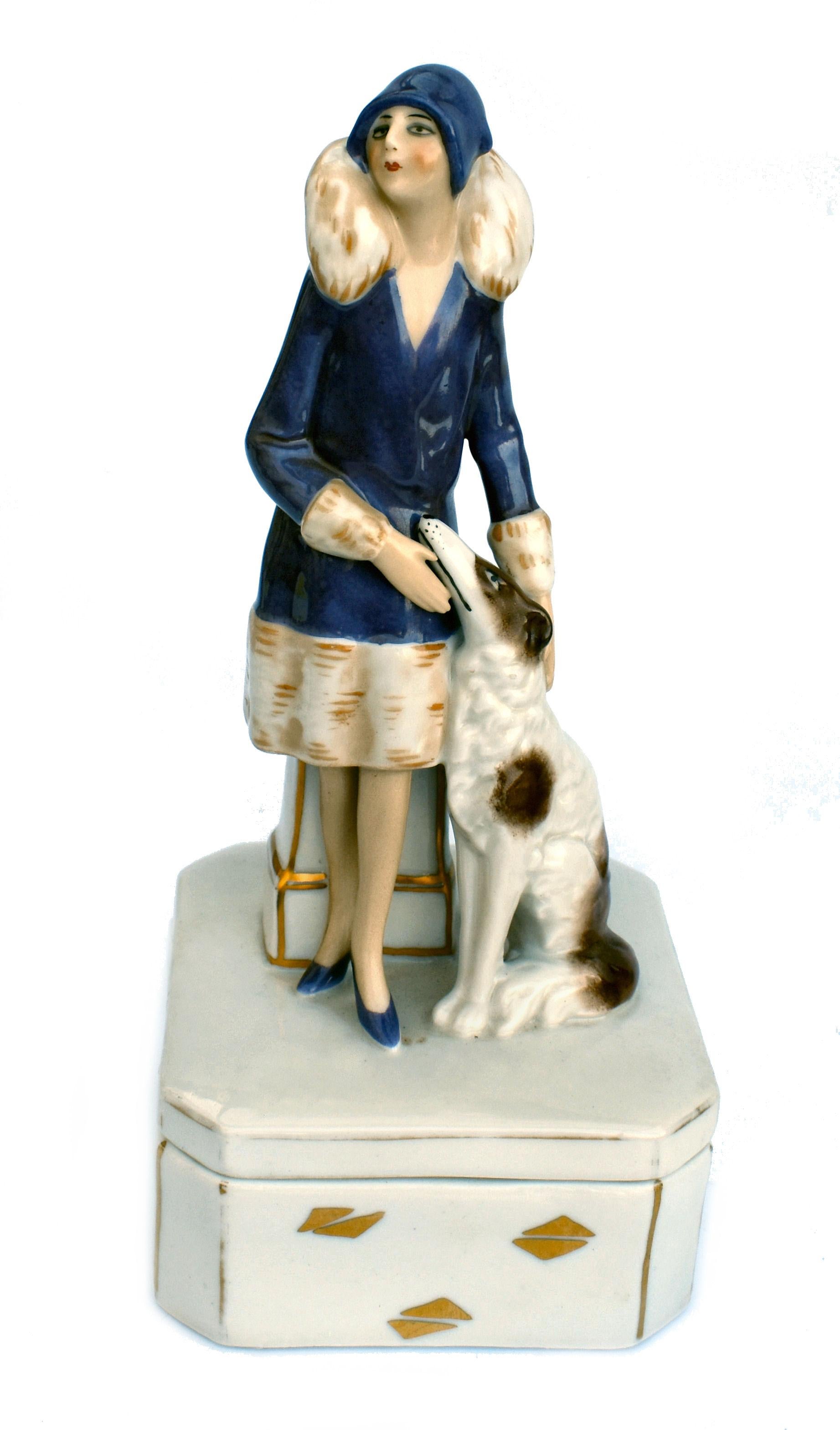 Allemand Boîte à poudre en céramique Art Déco rare de Fasold & Stuach, vers 1930 en vente