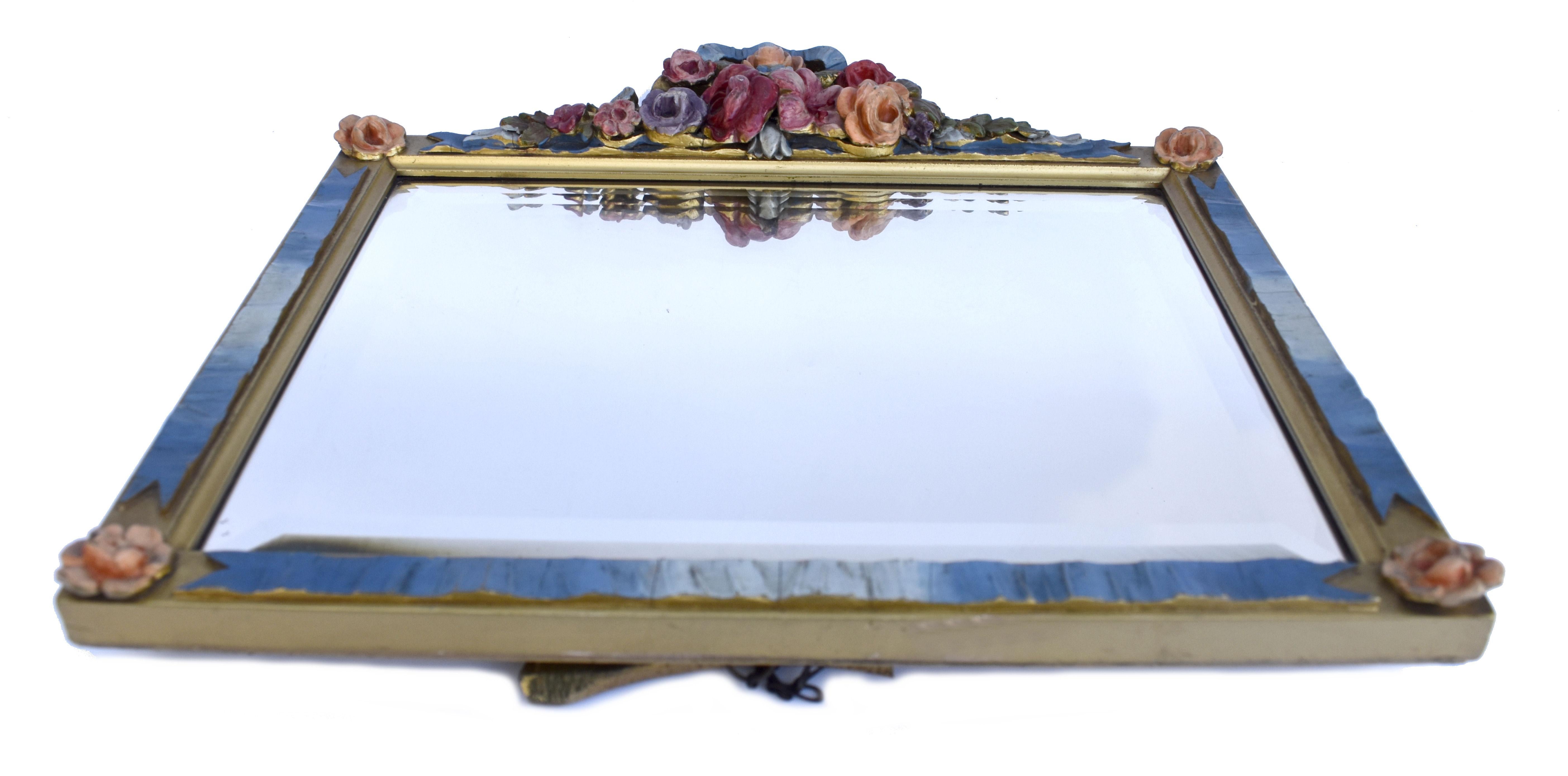 Rare original Art Deco Barbola Bevelled Mirror Floral. This is absolutely stunning beautiful piece, totally original, made in England and dates to the 1930's. Stunning pastel colours, beautifully detailed and hand painted, the colours still vibrant.