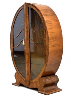 Art Deco Rare Original English Walnut Oval Vitrine Display Cabinet, c1930
