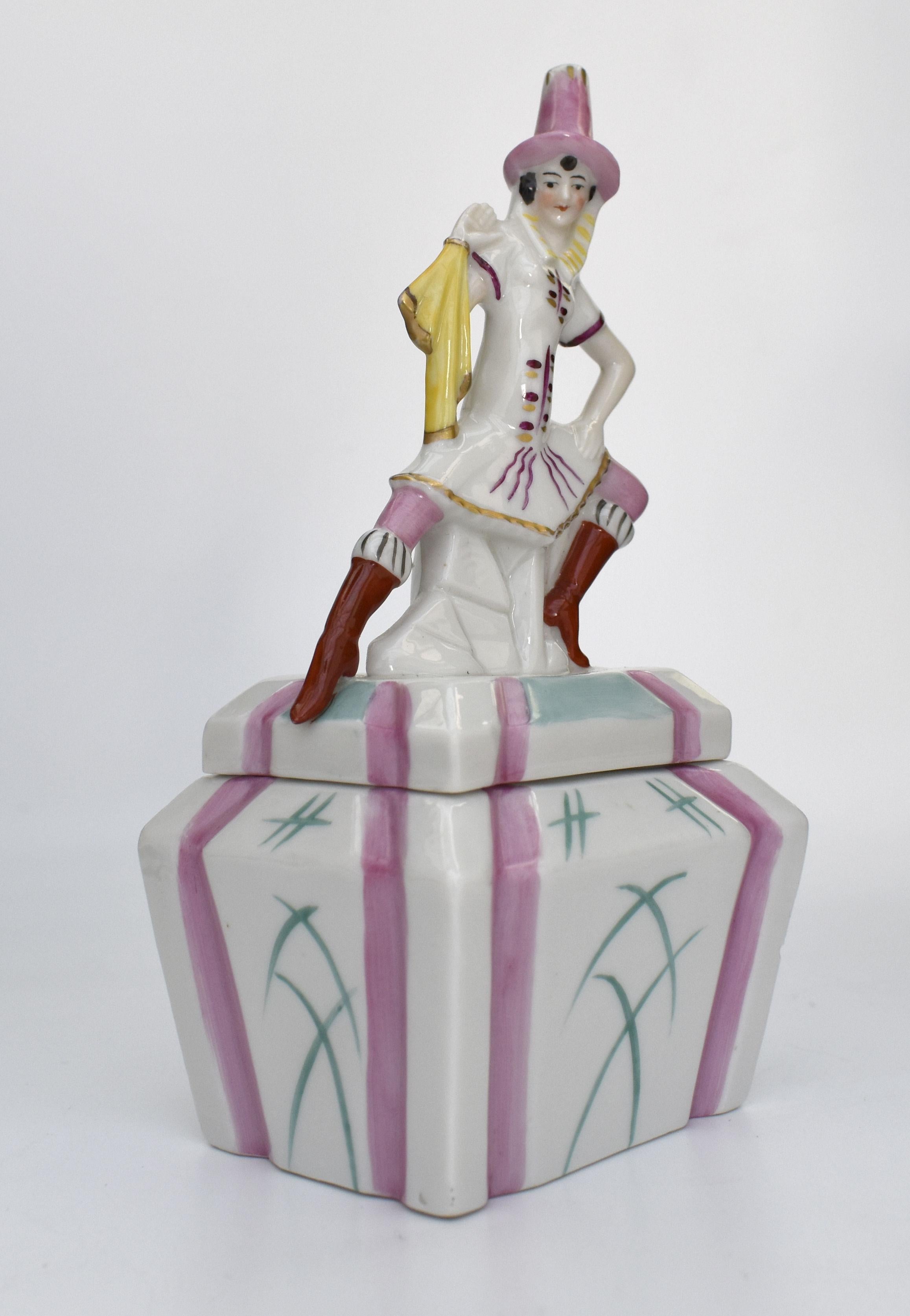 Art Deco Rare Porcelain Jester Powder, Trinket Box, Germain, C1930 In Good Condition For Sale In Devon, England