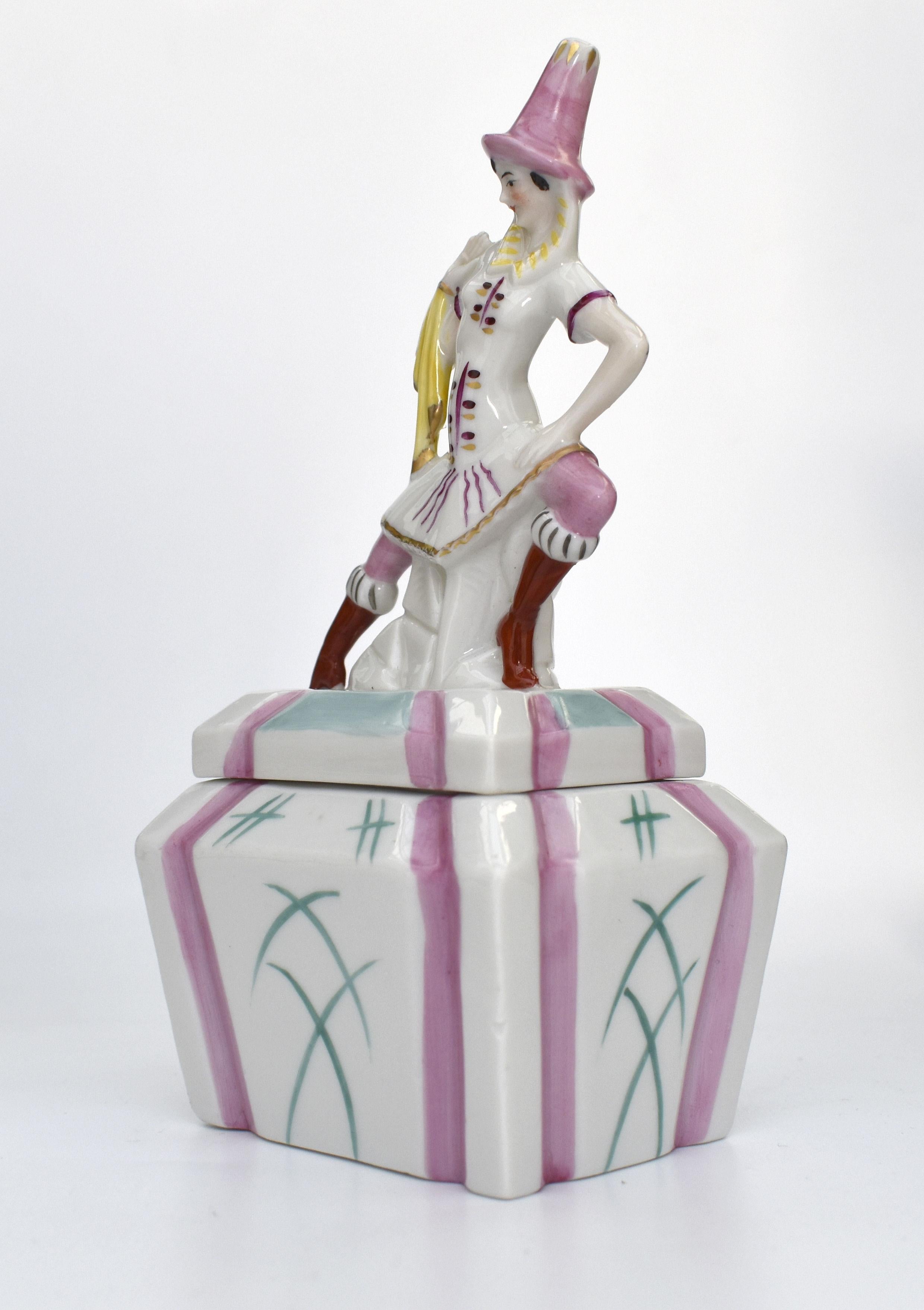 20th Century Art Deco Rare Porcelain Jester Powder, Trinket Box, Germain, C1930 For Sale