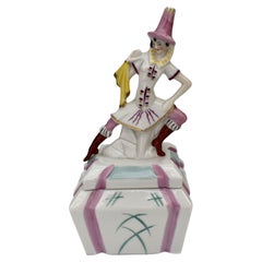 Poudrier bouffon en porcelaine Art Déco rare, boîte à bijoux, Germain, C1930