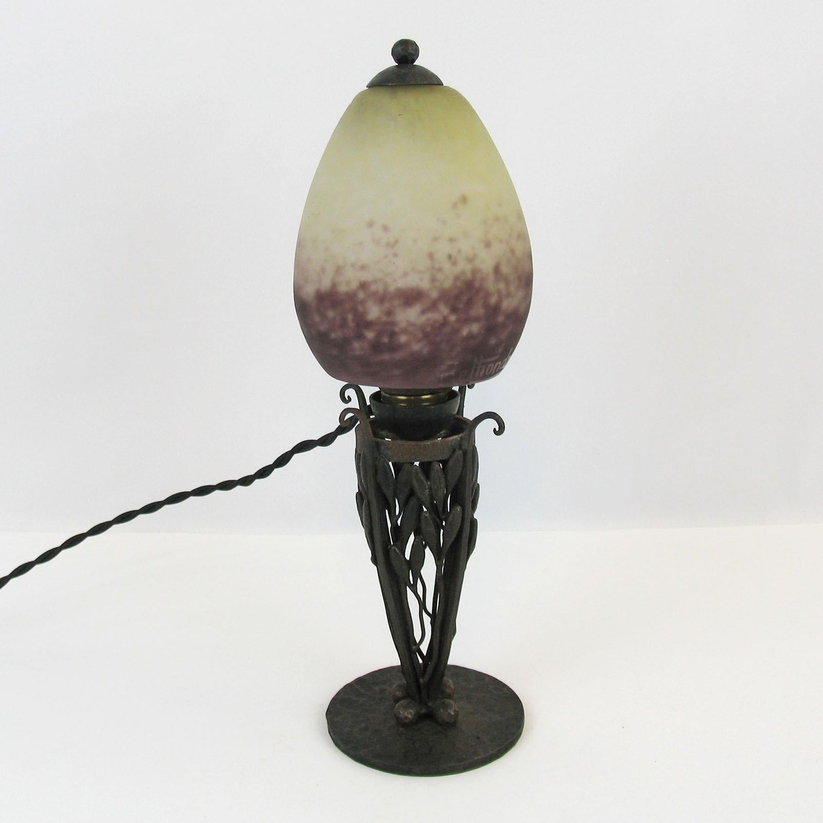 French Art Deco Rare Robj Paris table Lamp with Rethondes Glass Shade, France, 1920s For Sale