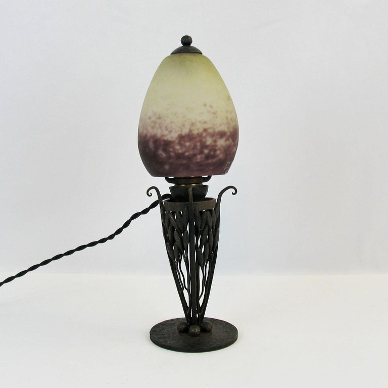 Early 20th Century Art Deco Rare Robj Paris table Lamp with Rethondes Glass Shade, France, 1920s For Sale