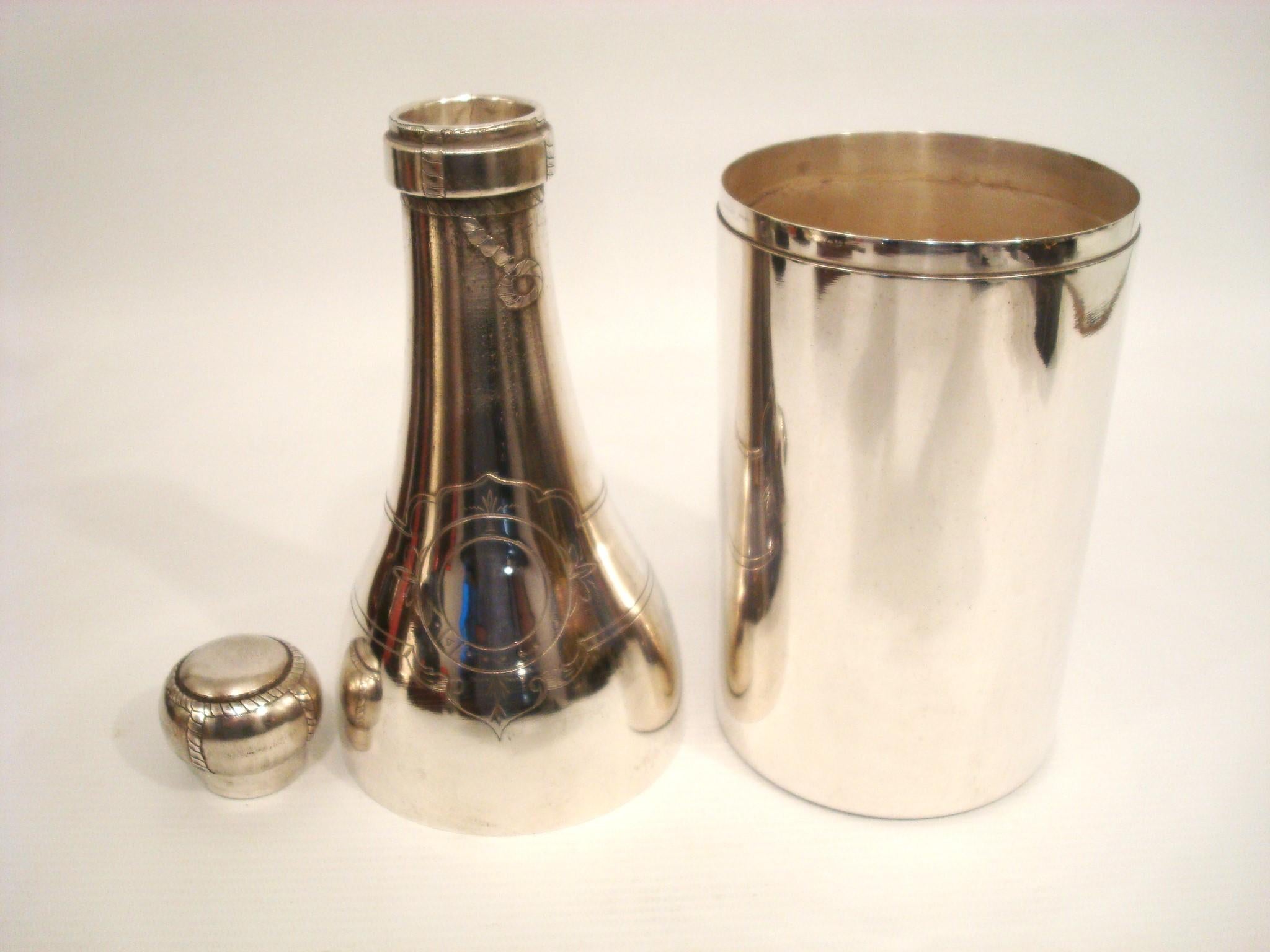 20th Century Art Deco Rare Silvered Champagne Bottle Cocktail Shaker. France 1930´s For Sale