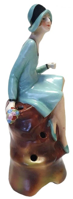 Art Deco Rare Sized Flapper Girl Porcelain Hatpin Holder, C1930
