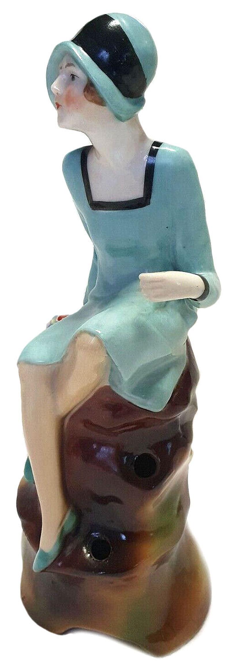 20th Century Art Deco Rare Sized Flapper Girl Porcelain Hatpin Holder, C1930 For Sale