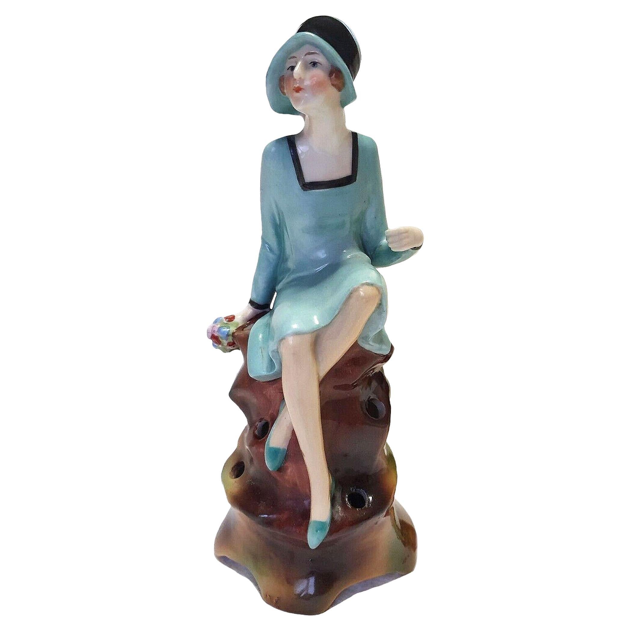 Art Deco Rare Sized Flapper Girl Porcelain Hatpin Holder, C1930 For Sale