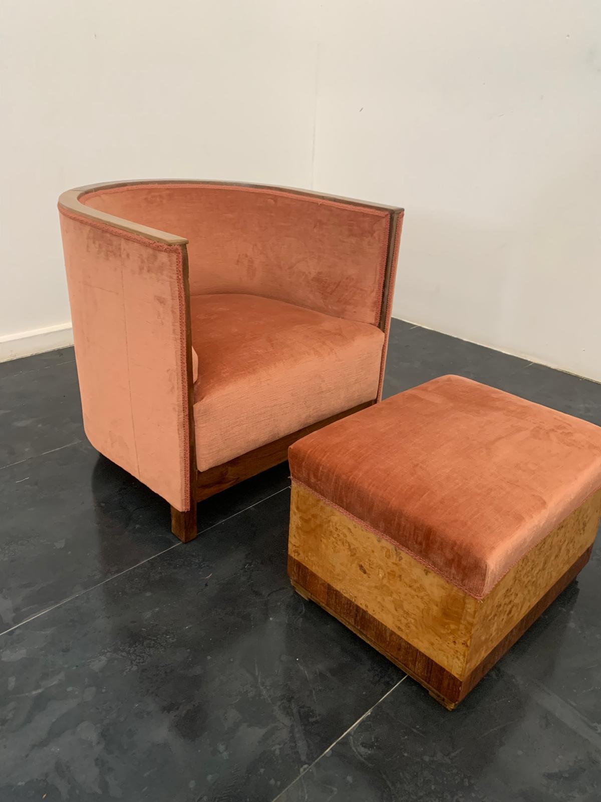 Mid-20th Century Art Deco Rationalist Armchair with Pouf, 1930s, Set of 2