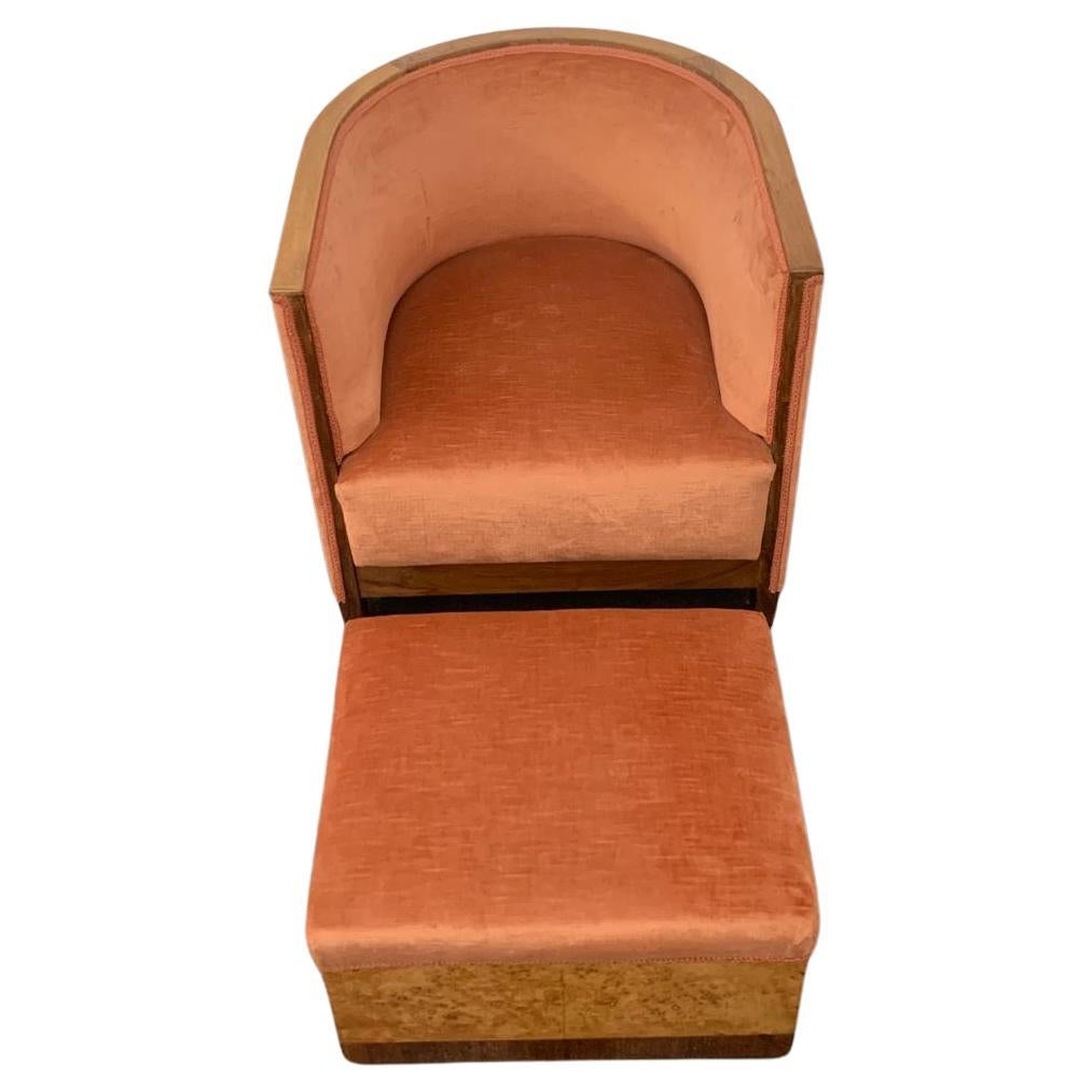 Art Deco Rationalist Armchair with Pouf, 1930s, Set of 2 For Sale