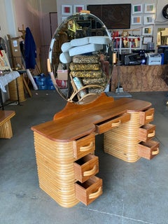 Art Deco Rattan and Mahogany Vanity with Round Mirror by Kane Kraft