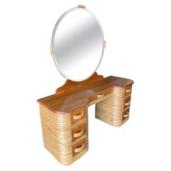 Art Deco Rattan and Mahogany Vanity with Round Mirror by Kane Kraft
