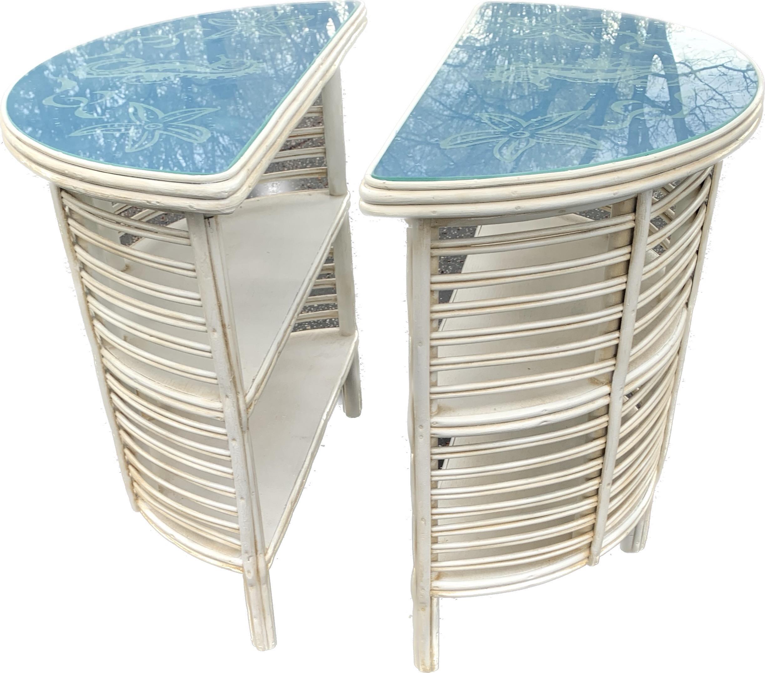 Art Deco Rattan Dem Lune Tables Attributed to Heywood Wakefield Company
