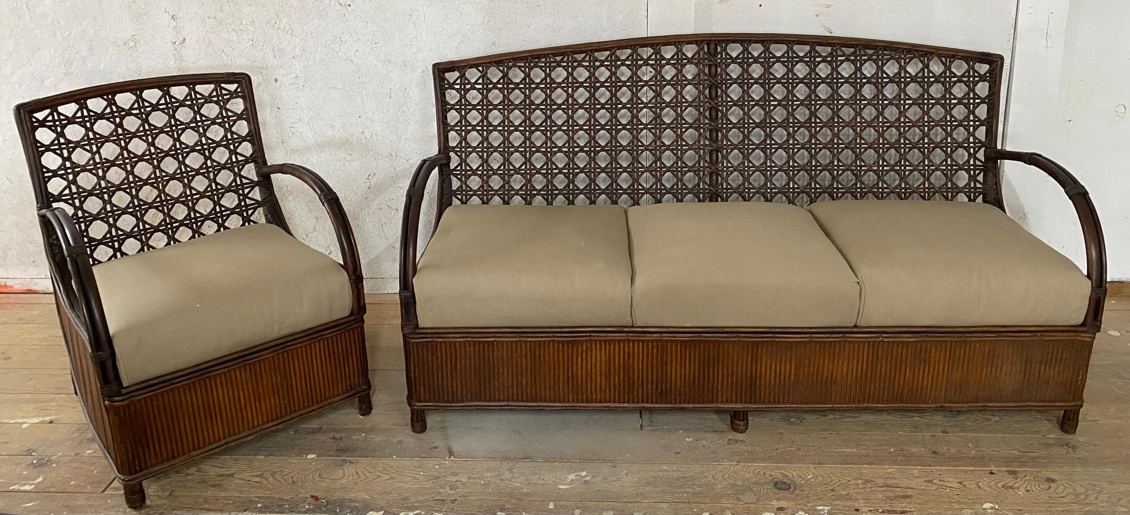 Art déco-Rattan-Porch-Sofa und Stuhl-Set (Nordamerikanisch) im Angebot