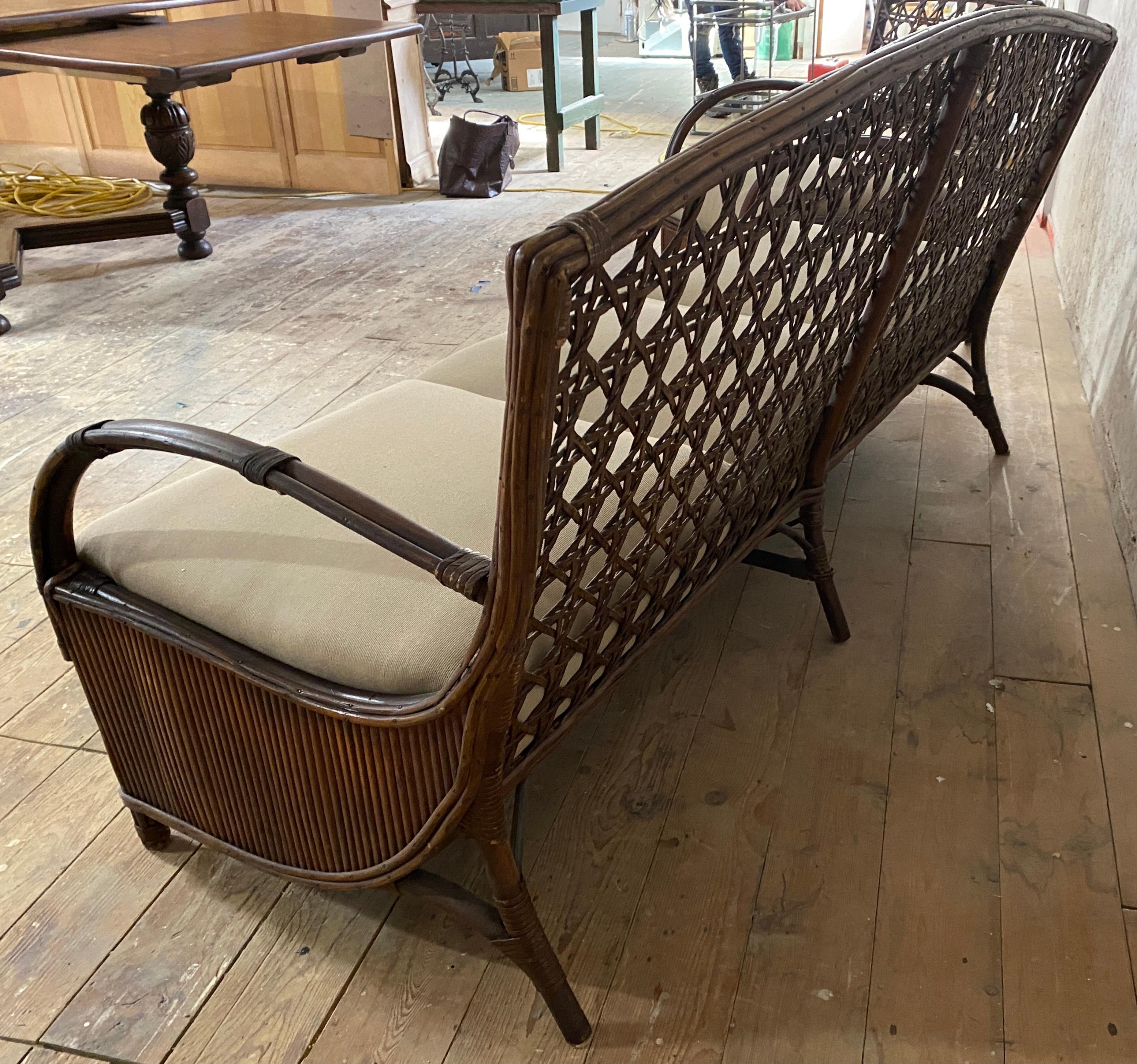 Hand-Crafted Art Deco Rattan Porch Sofa and Chair Set For Sale