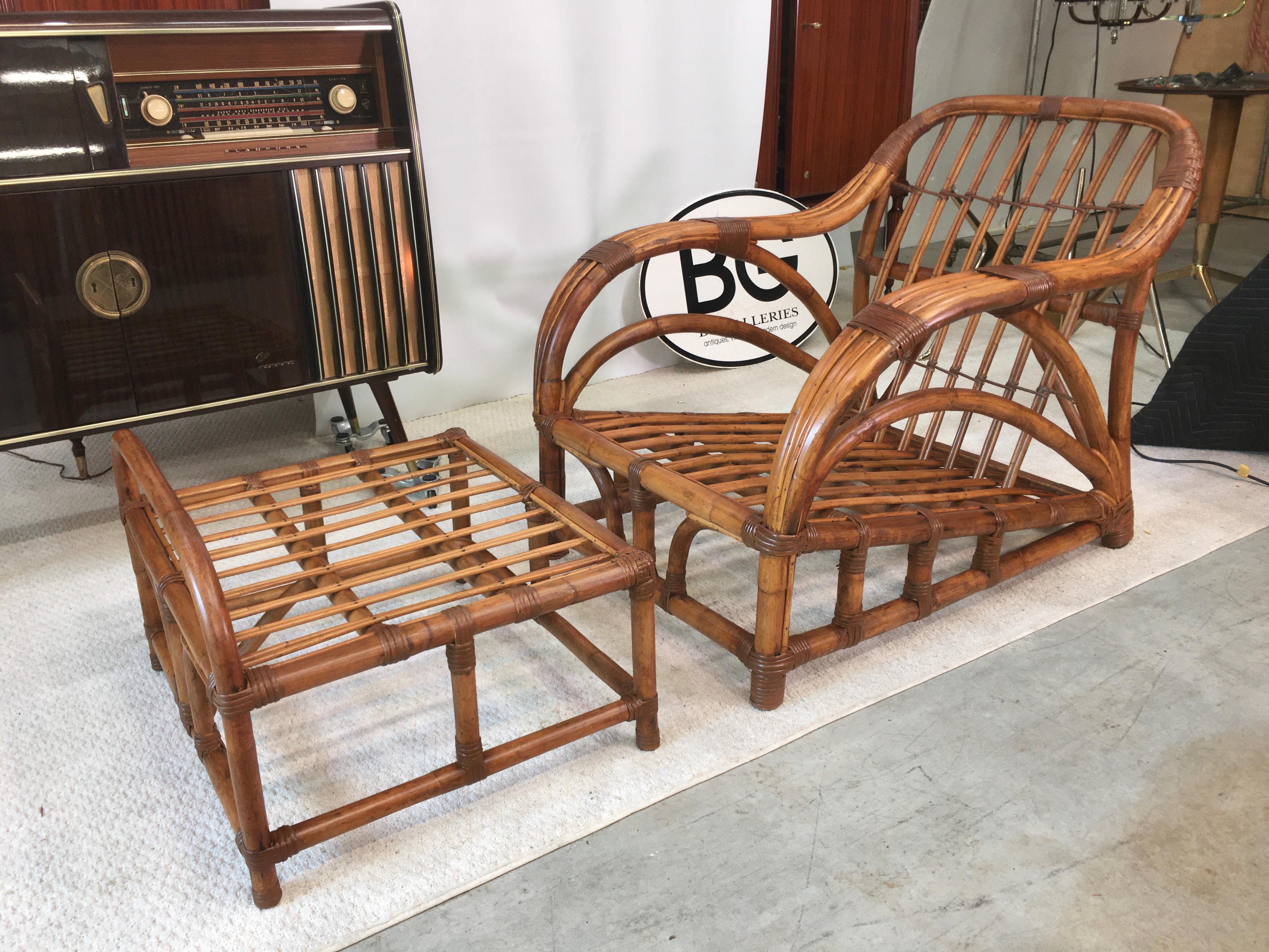 American Art Deco Rattan Roadster Lounge Chair and Ottoman