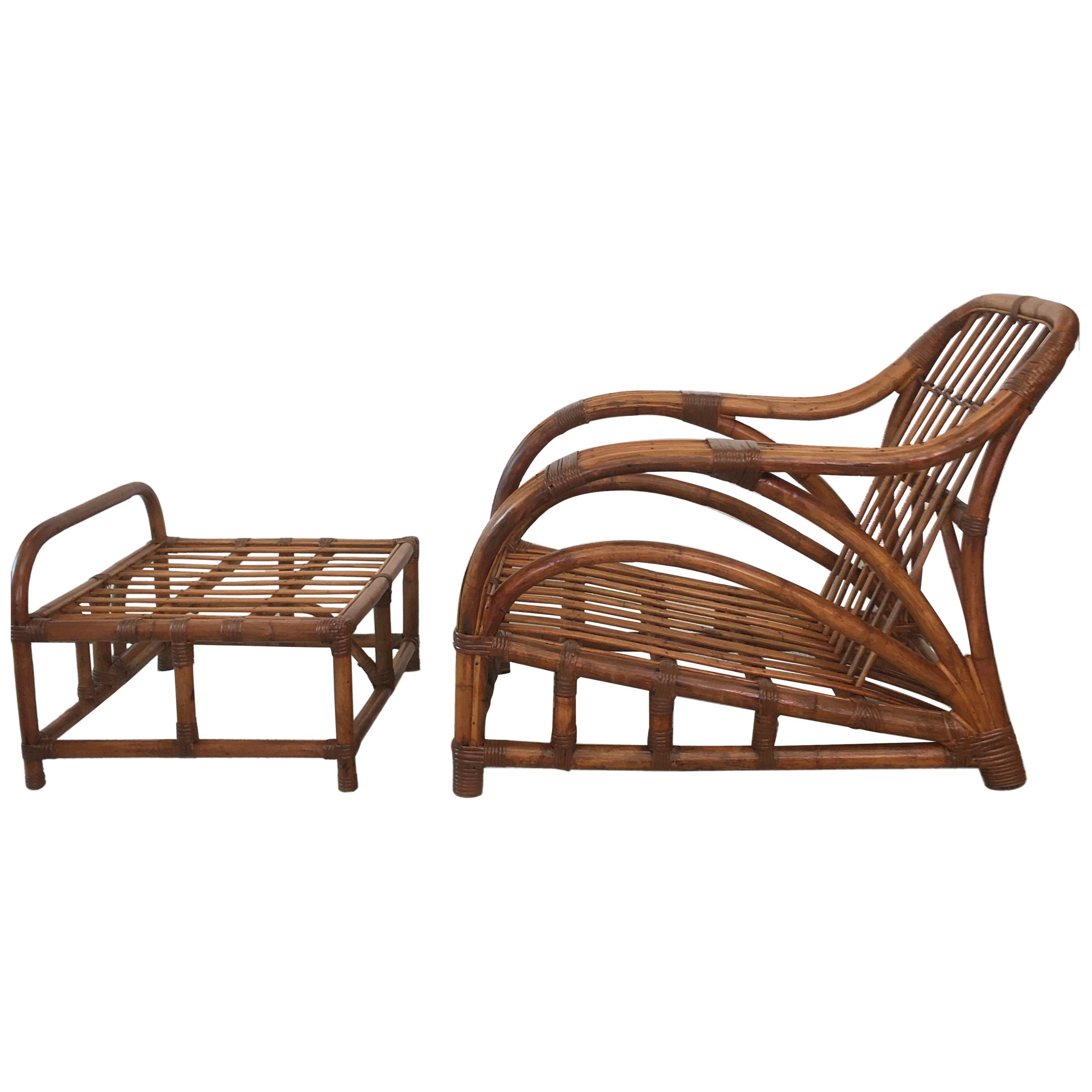 Art Deco Rattan Roadster Lounge Chair and Ottoman