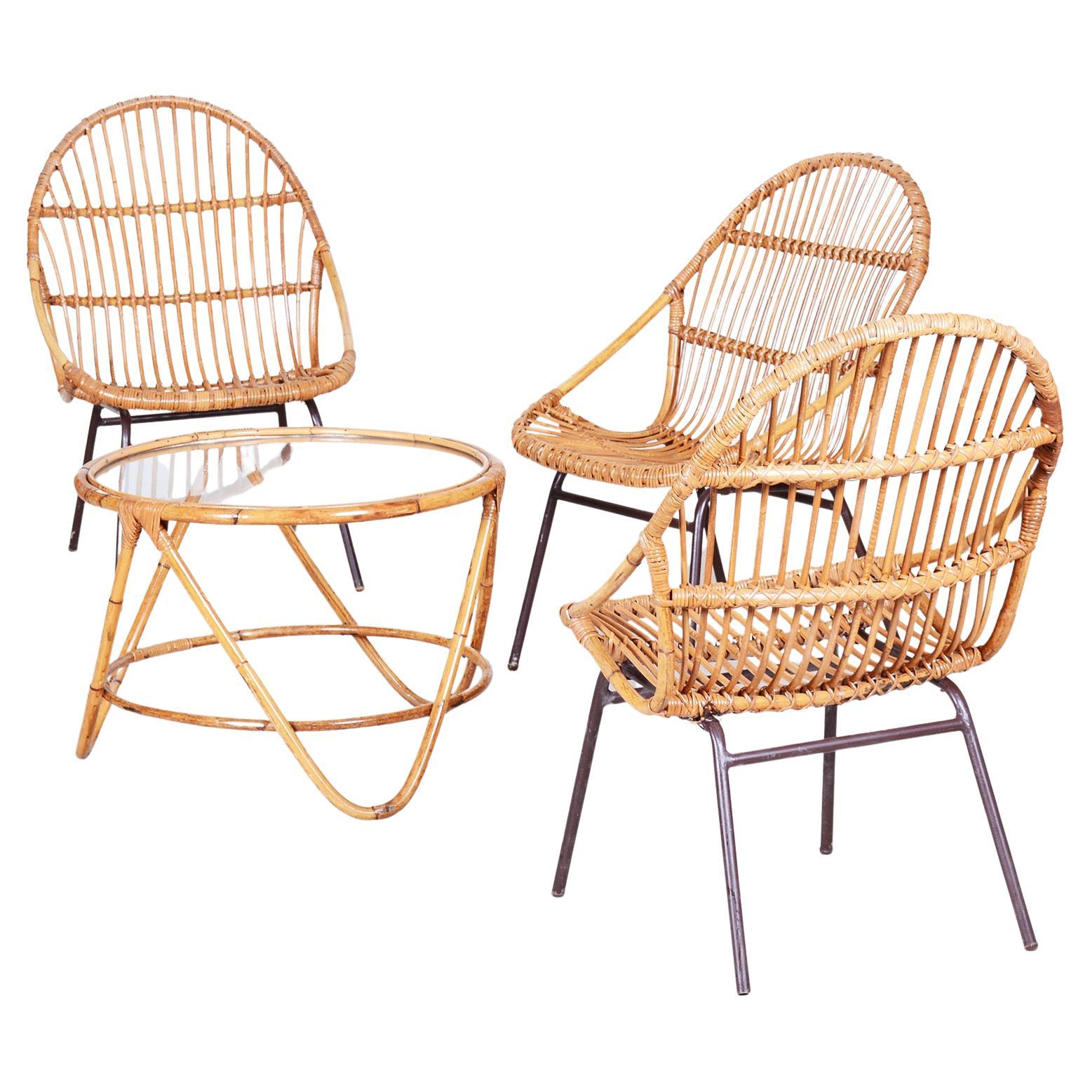 Art Deco Rattan Seating Set Designed by Alna Fuchs, Czechia, 1940s For Sale