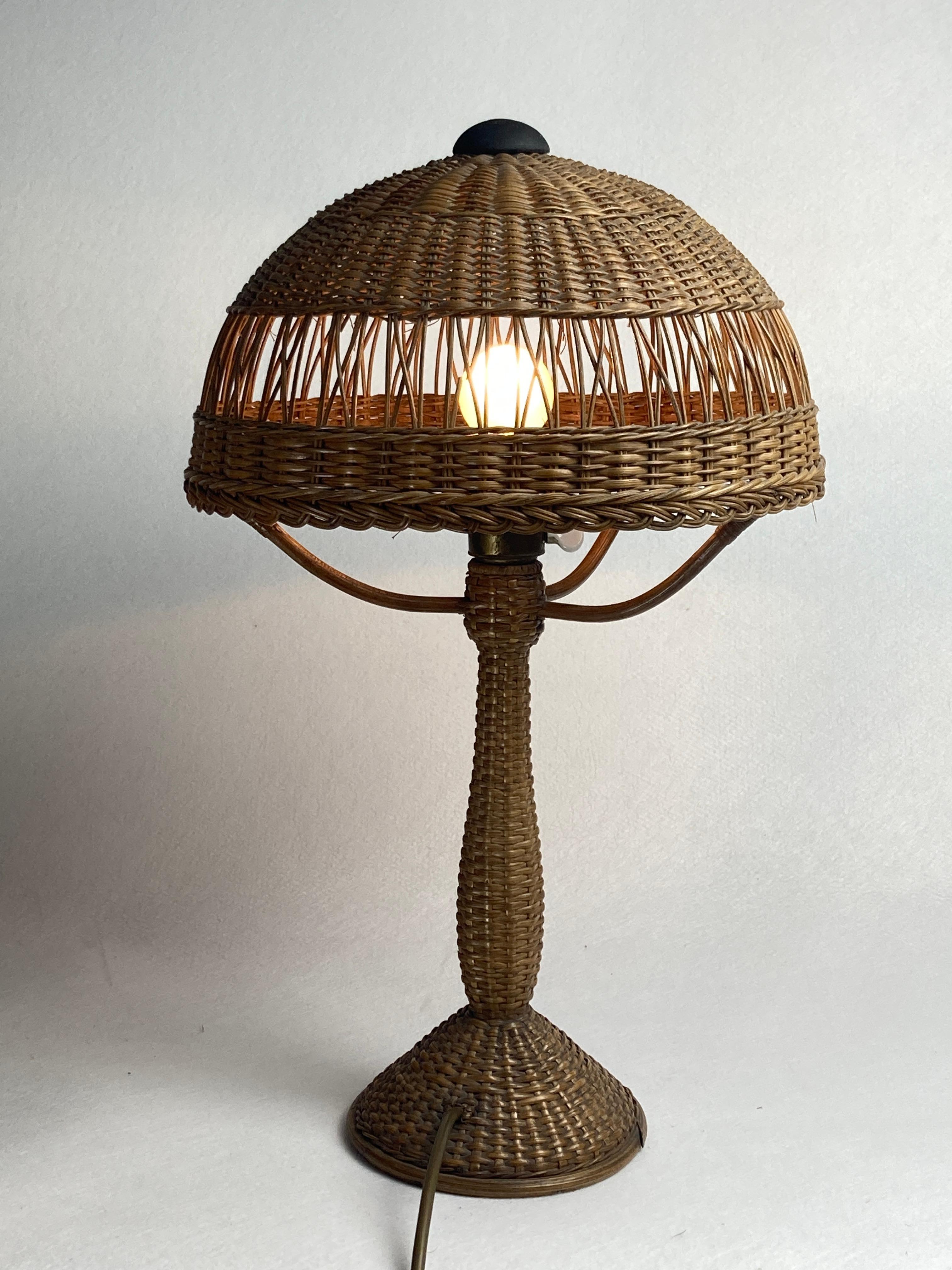 Art deco rattan wicker mushroom table lamp, ca 1930s 7