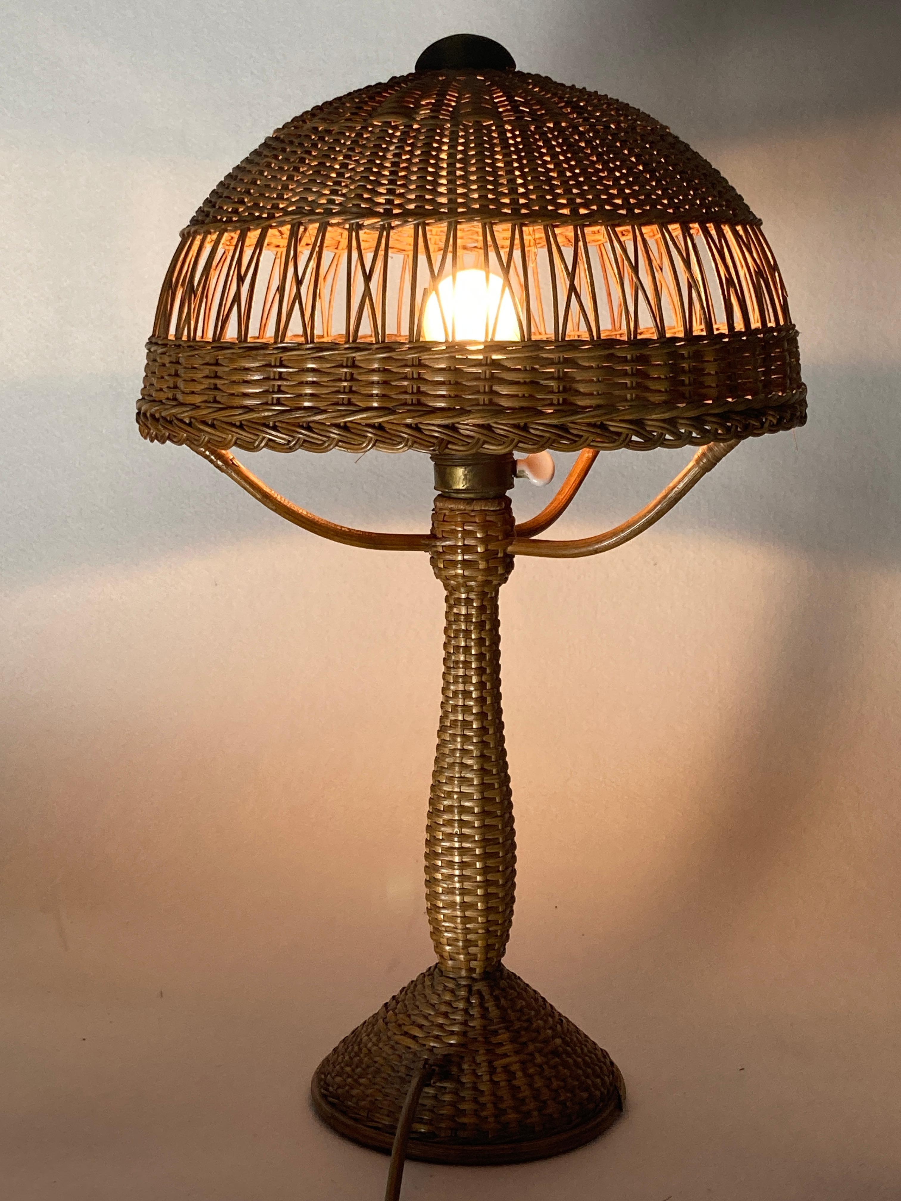 Art deco rattan wicker mushroom table lamp, ca 1930s 8
