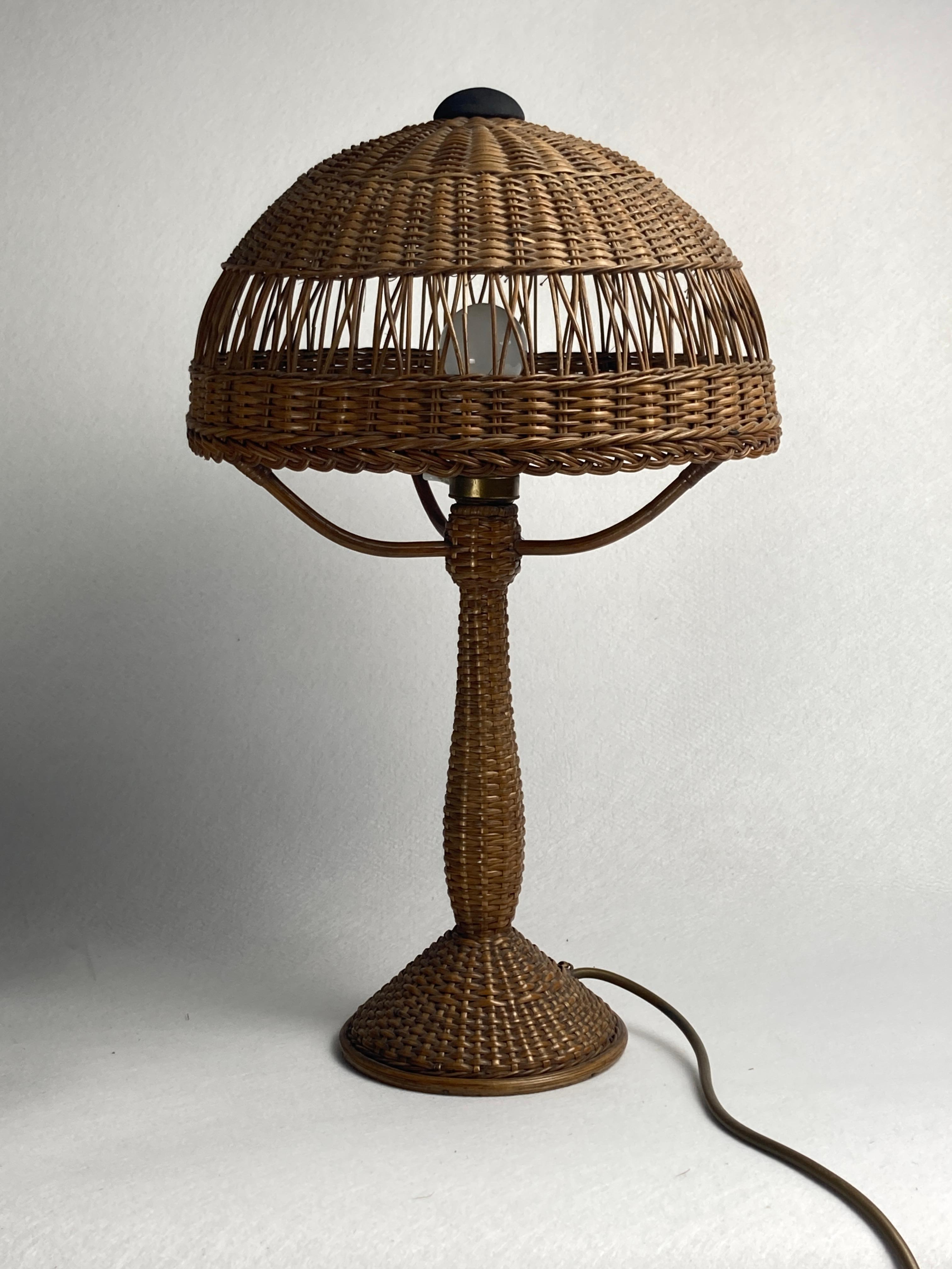 Austrian Art deco rattan wicker mushroom table lamp, ca 1930s