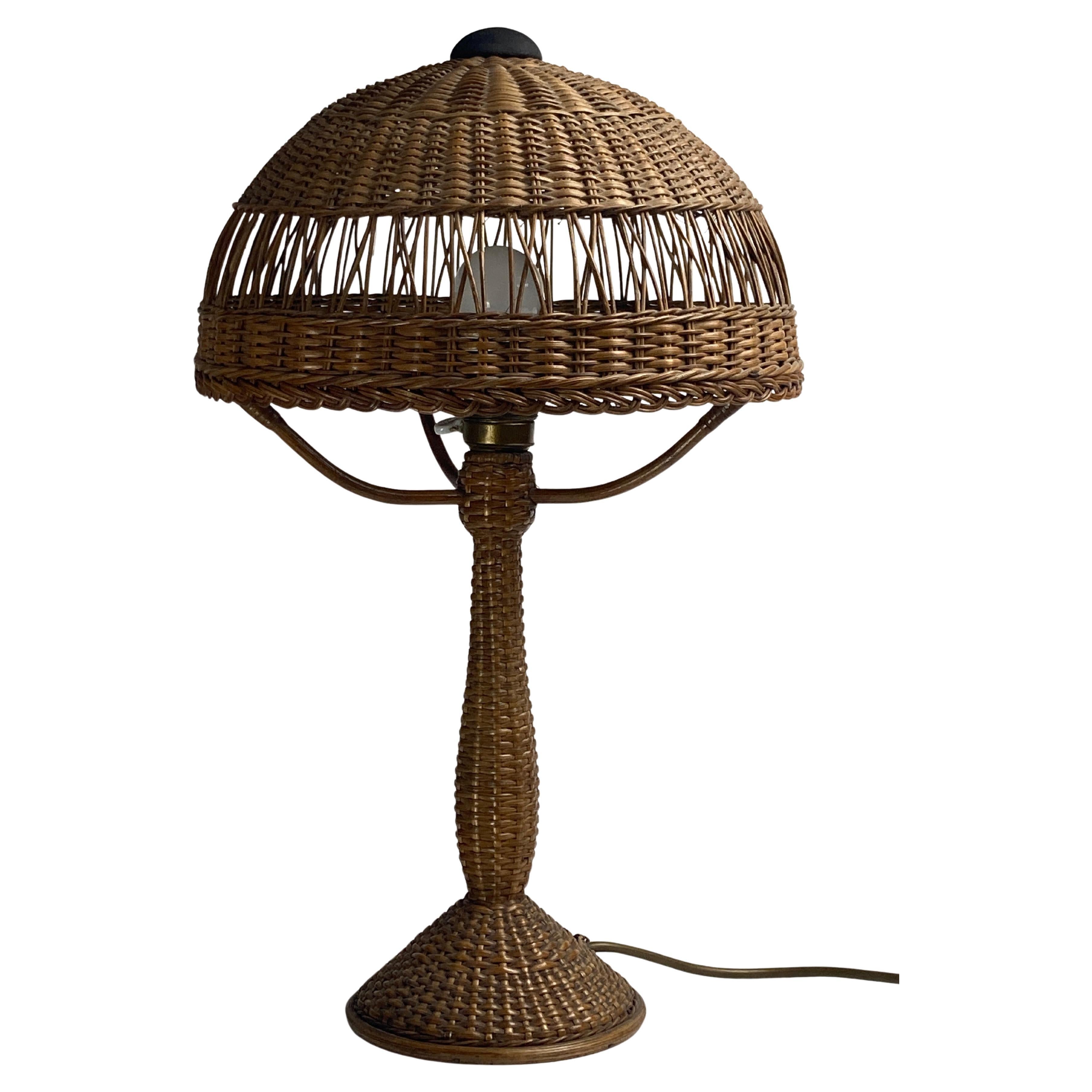Art deco rattan wicker mushroom table lamp, ca 1930s