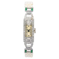 Art Deco Raymond Watch Co Platinum Diamond and Emerald Watch with Pearl Bracelet