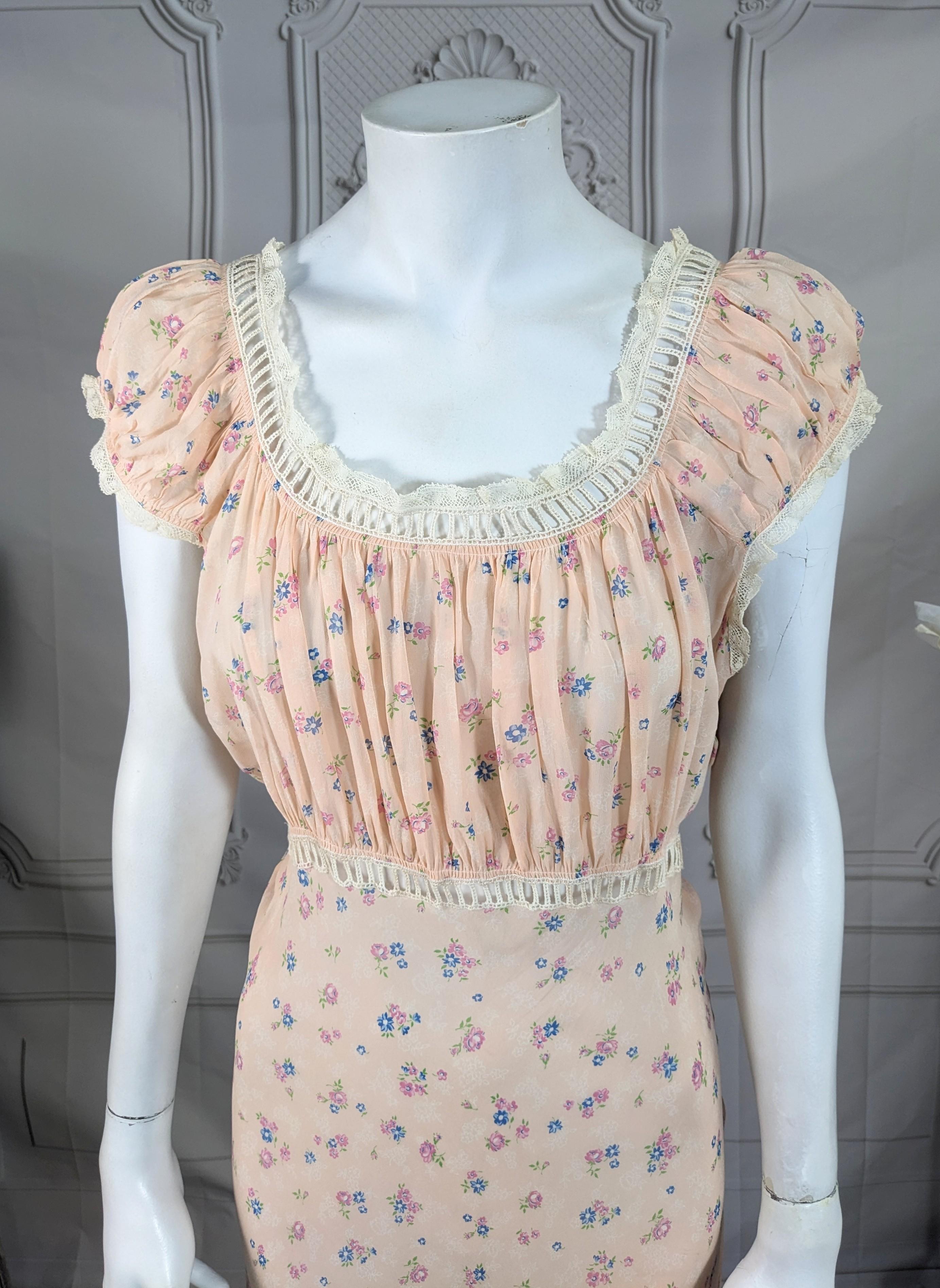 Beige Art Deco Rayon Chiffon Floral Slip Dress