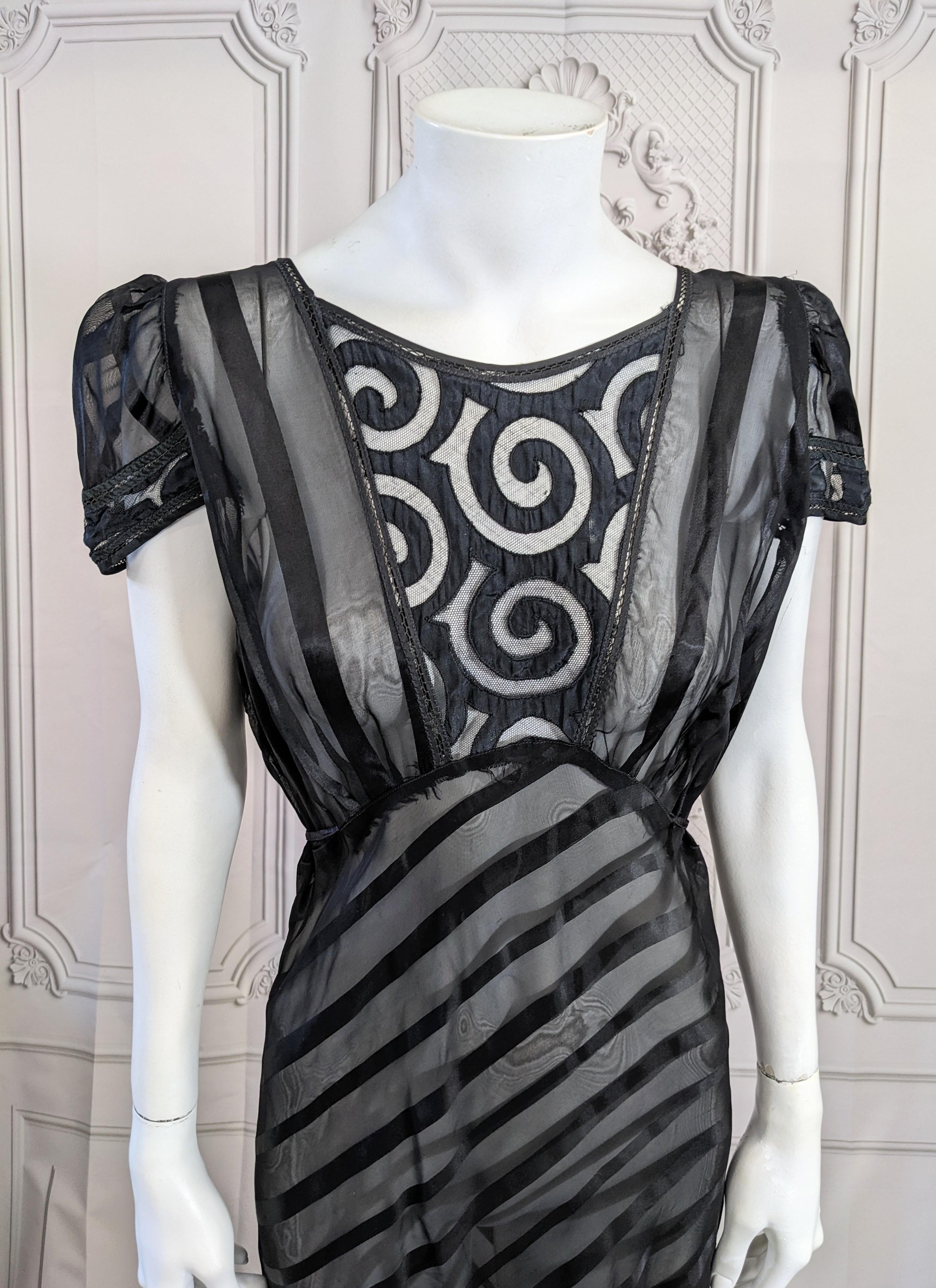 Black Art Deco Rayon Shadow Stripe Slip Dress For Sale