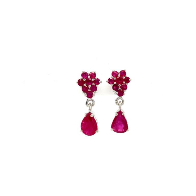 Art Nouveau Art Deco Style Real Ruby Cluster Dangle Earrings in 925 Silver for Girlfriend For Sale