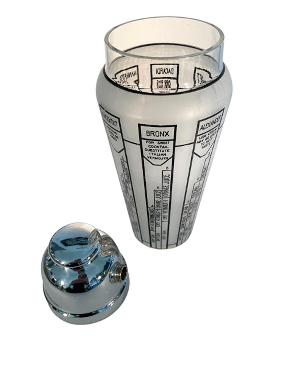 American Art Deco Recipe Cocktail Shaker, Black Graphics on Frosted Ground and Chrome Lid For Sale