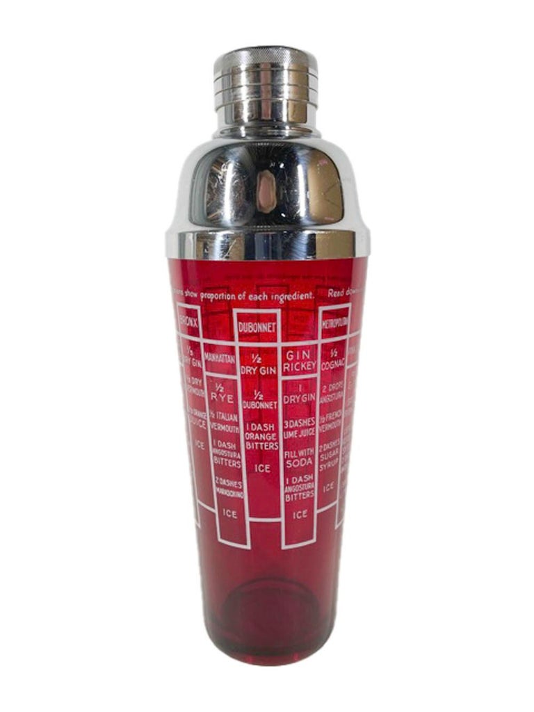 American Art Deco Recipe Cocktail Shaker in Ruby Red Glass with White Graphics