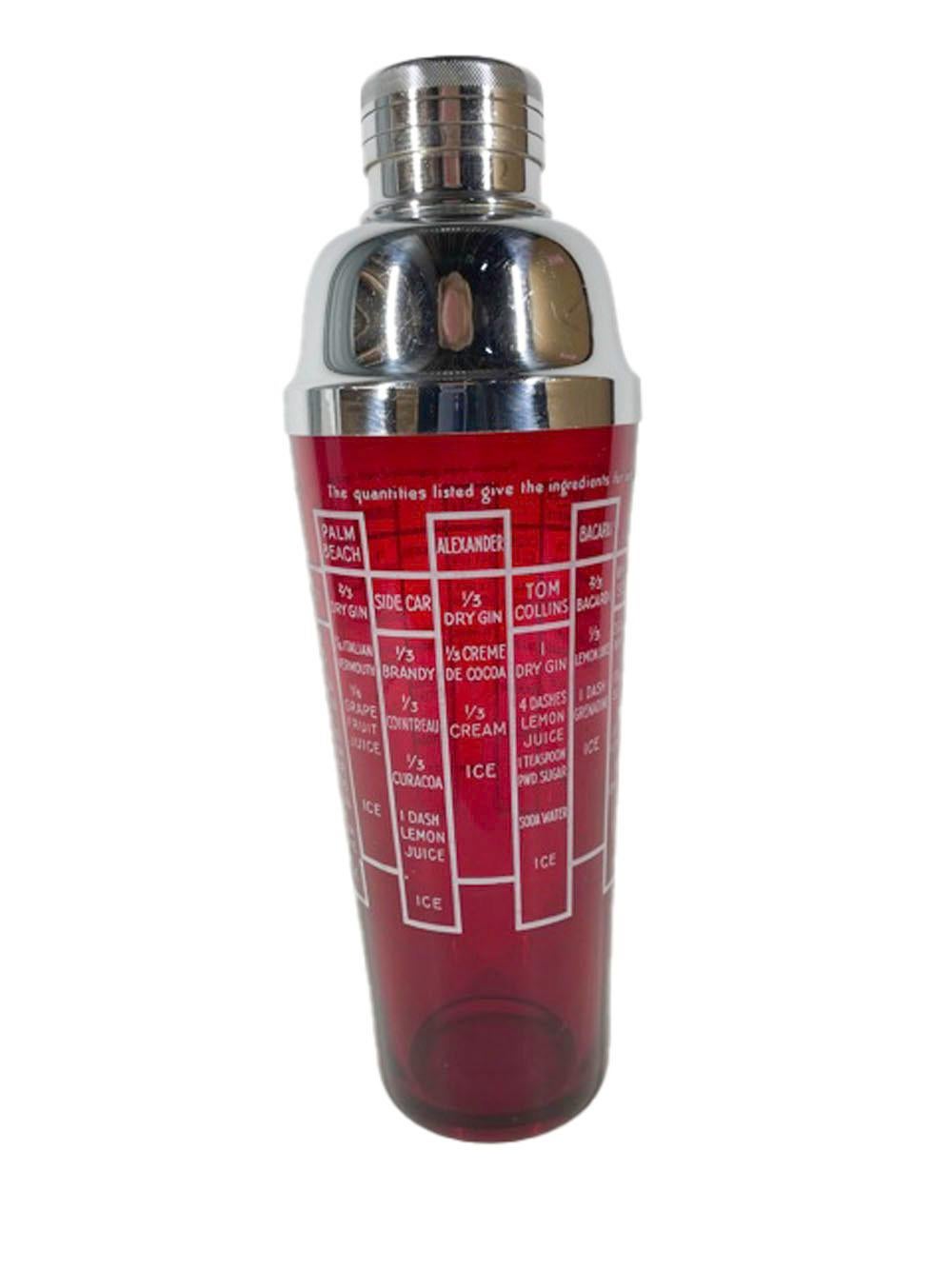 American Art Deco Recipe Cocktail Shaker in Ruby Red Glass with White Graphics